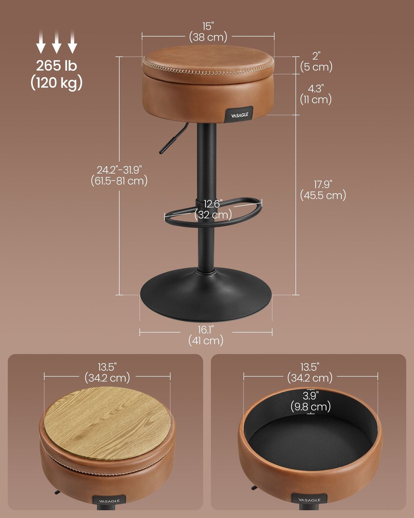 Bar Stool - Synthetic Leather - Caramel Brown - 360° Swivel and Height Adjustable with Storage
