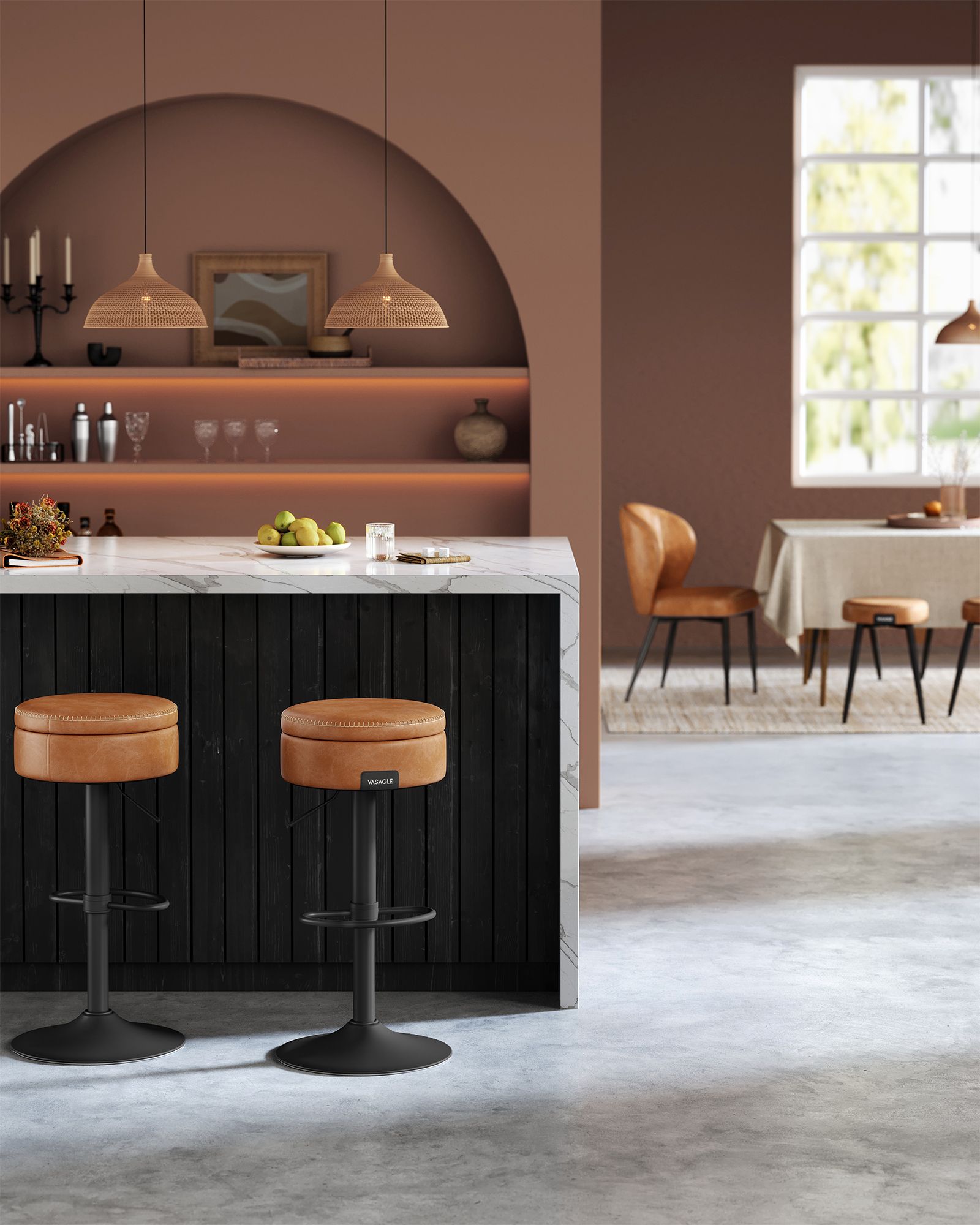 Bar Stool - Synthetic Leather - Caramel Brown - 360° Swivel and Height Adjustable with Storage