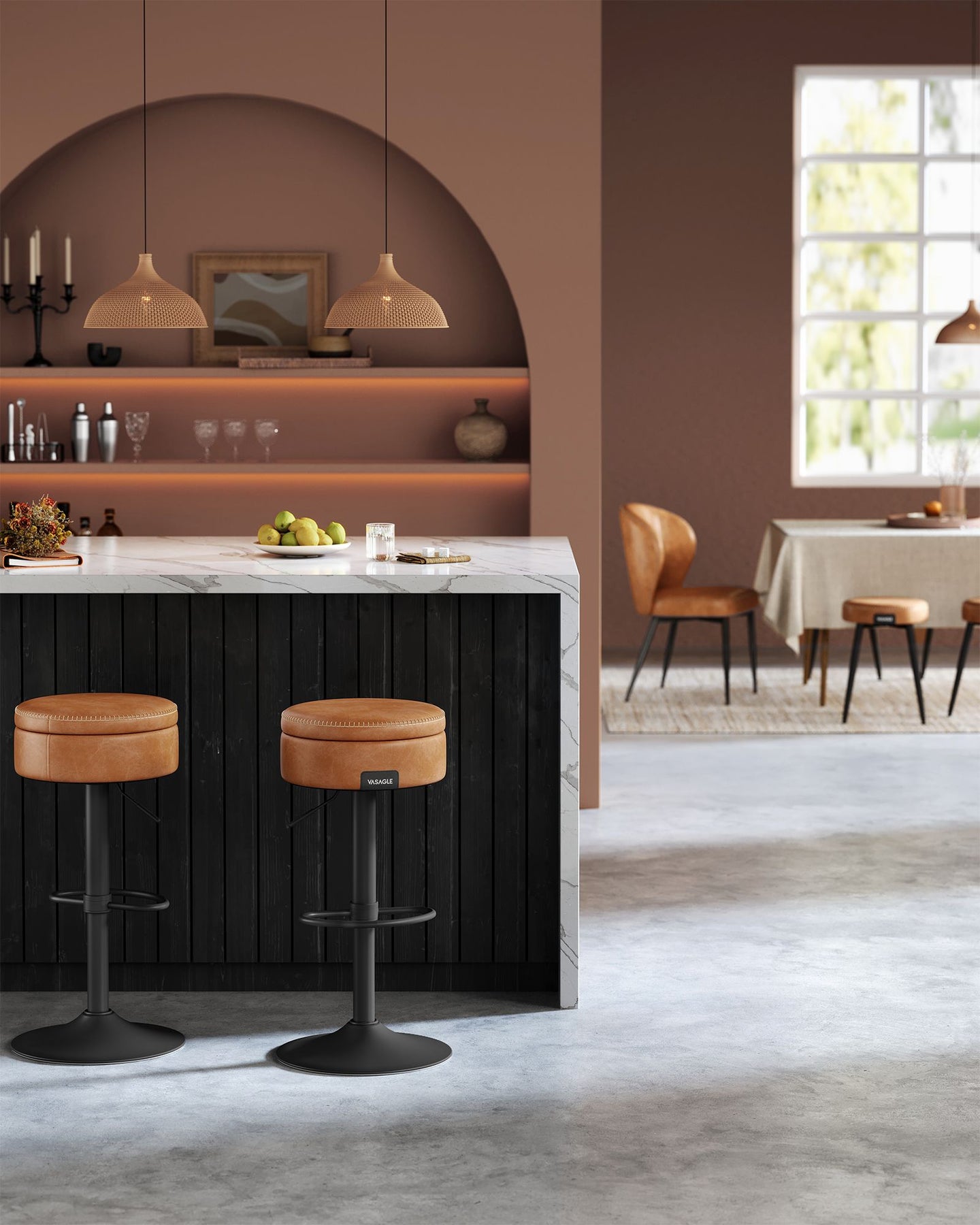 Bar Stool - Synthetic Leather - Caramel Brown - 360° Swivel and Height Adjustable with Storage