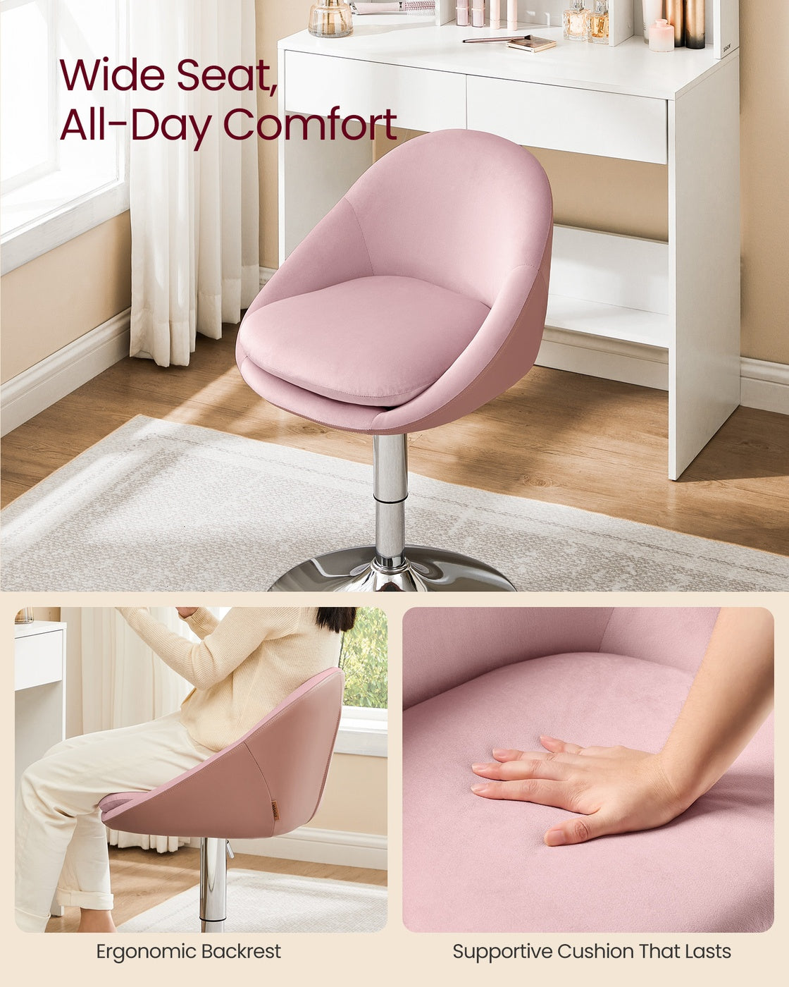 Adjustable Dressing Chair - Steel - Jelly Pink - Swivel Stool with Backrest