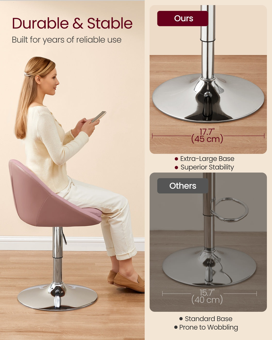 Adjustable Dressing Chair - Steel - Jelly Pink - Swivel Stool with Backrest