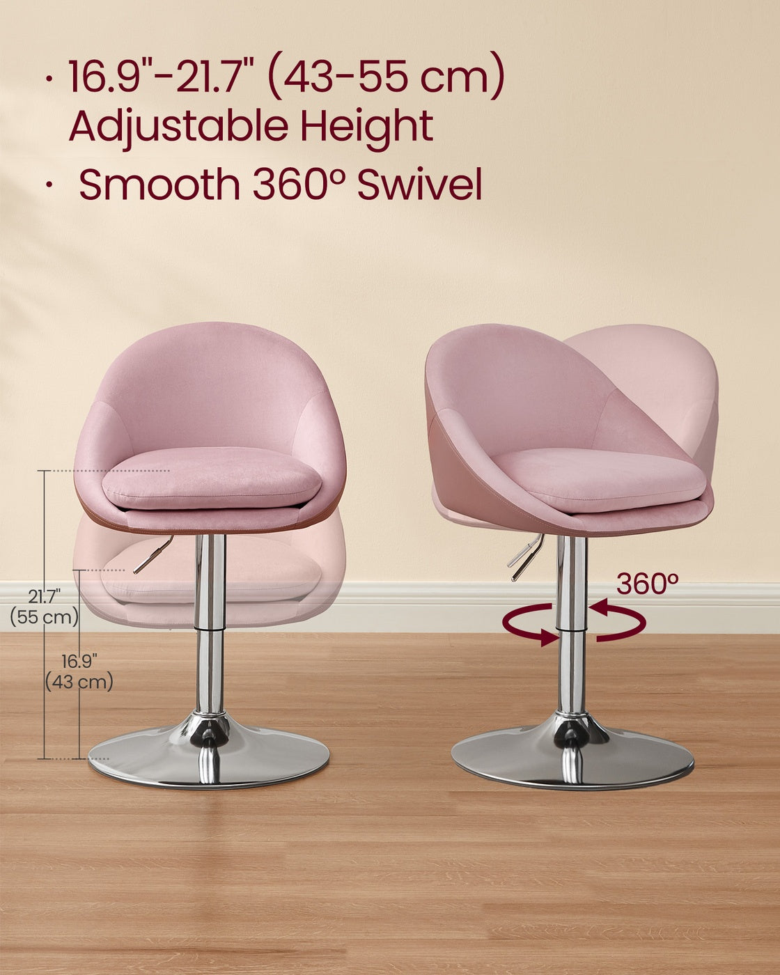 Adjustable Dressing Chair - Steel - Jelly Pink - Swivel Stool with Backrest