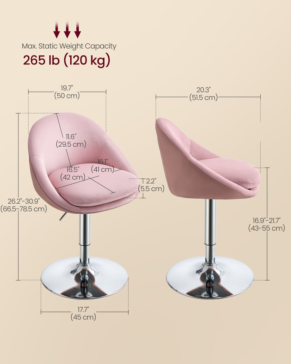 Adjustable Dressing Chair - Steel - Jelly Pink - Swivel Stool with Backrest