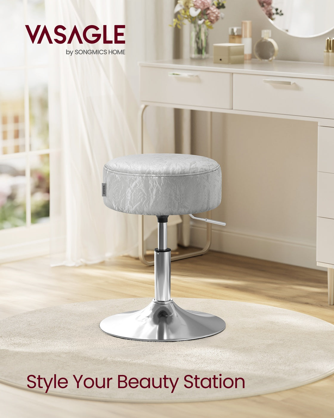 Height Adjustable Stool - PU Upholstery - Cream White - 360° Swivel