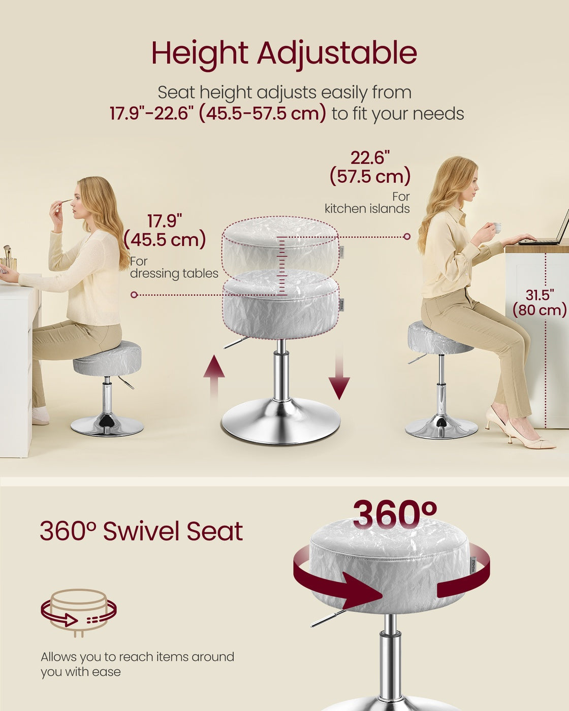 Height Adjustable Stool - PU Upholstery - Cream White - 360° Swivel