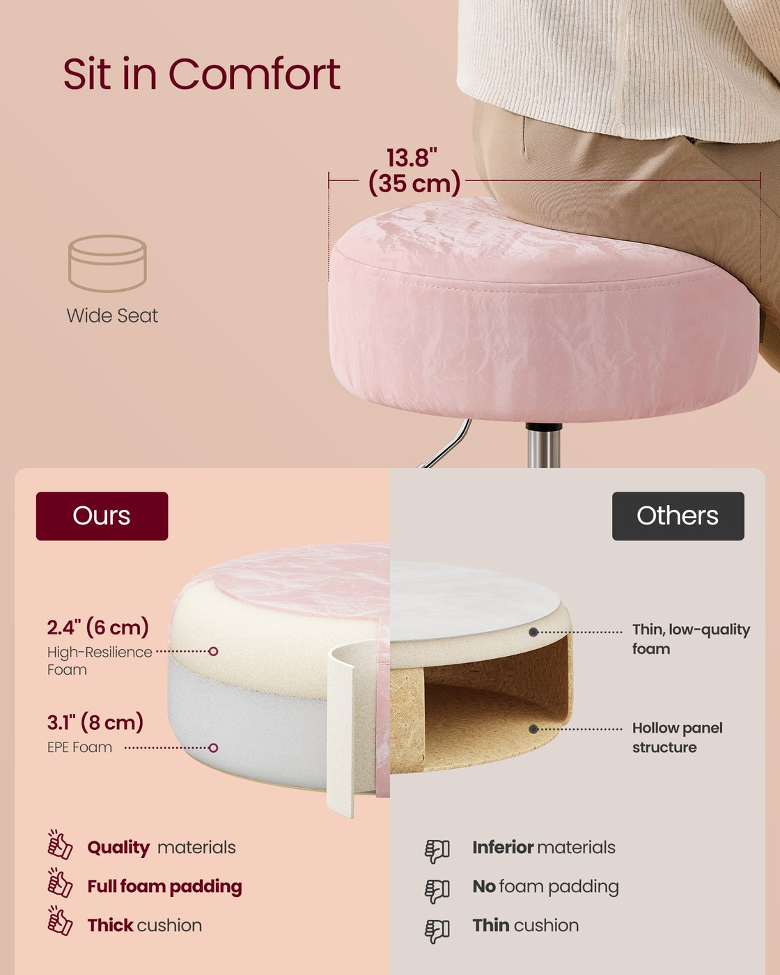 Dressing Table Stool - PU Upholstery - Cream White - Height Adjustable