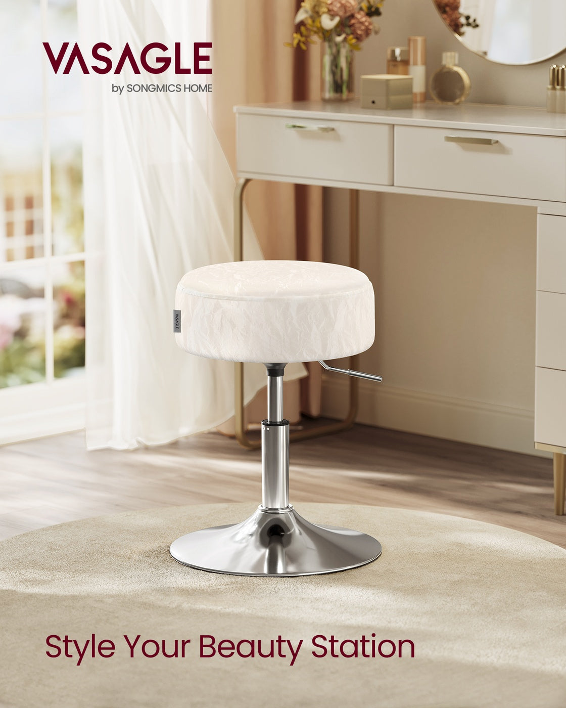 Height Adjustable Makeup Vanity Stool - PU Upholstery - Cream White - 360° Swivel