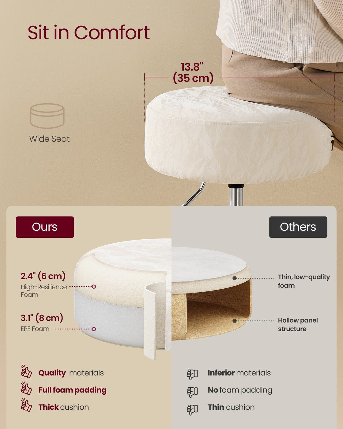 Height Adjustable Makeup Vanity Stool - PU Upholstery - Cream White - 360° Swivel