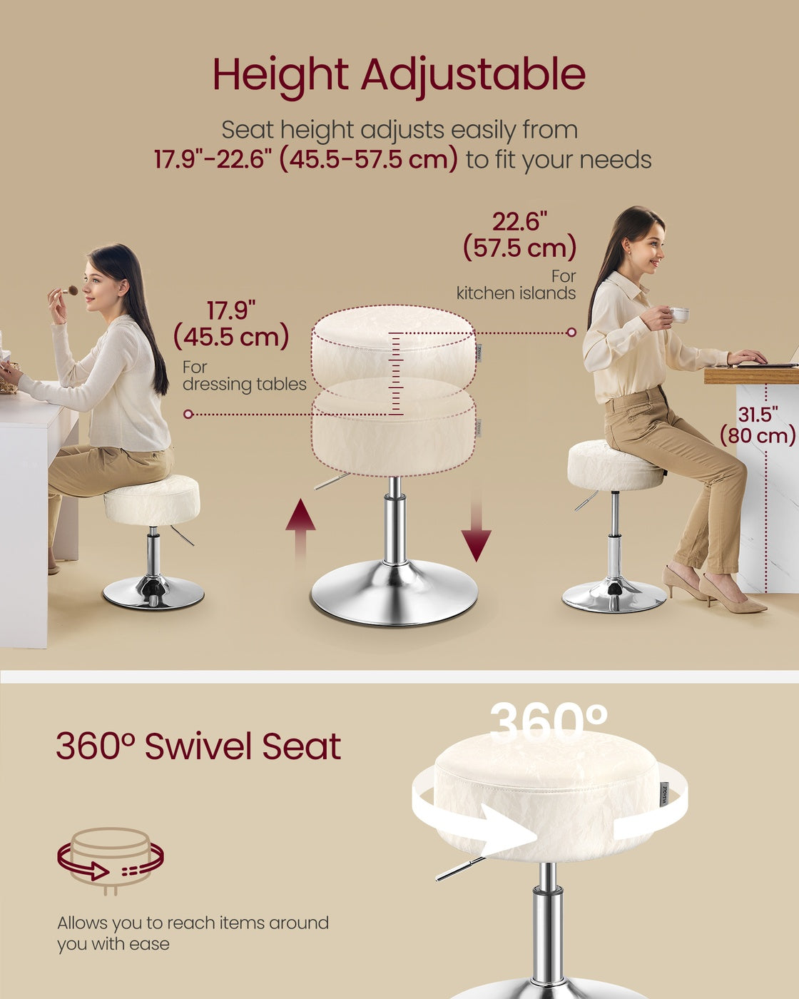 Height Adjustable Makeup Vanity Stool - PU Upholstery - Cream White - 360° Swivel