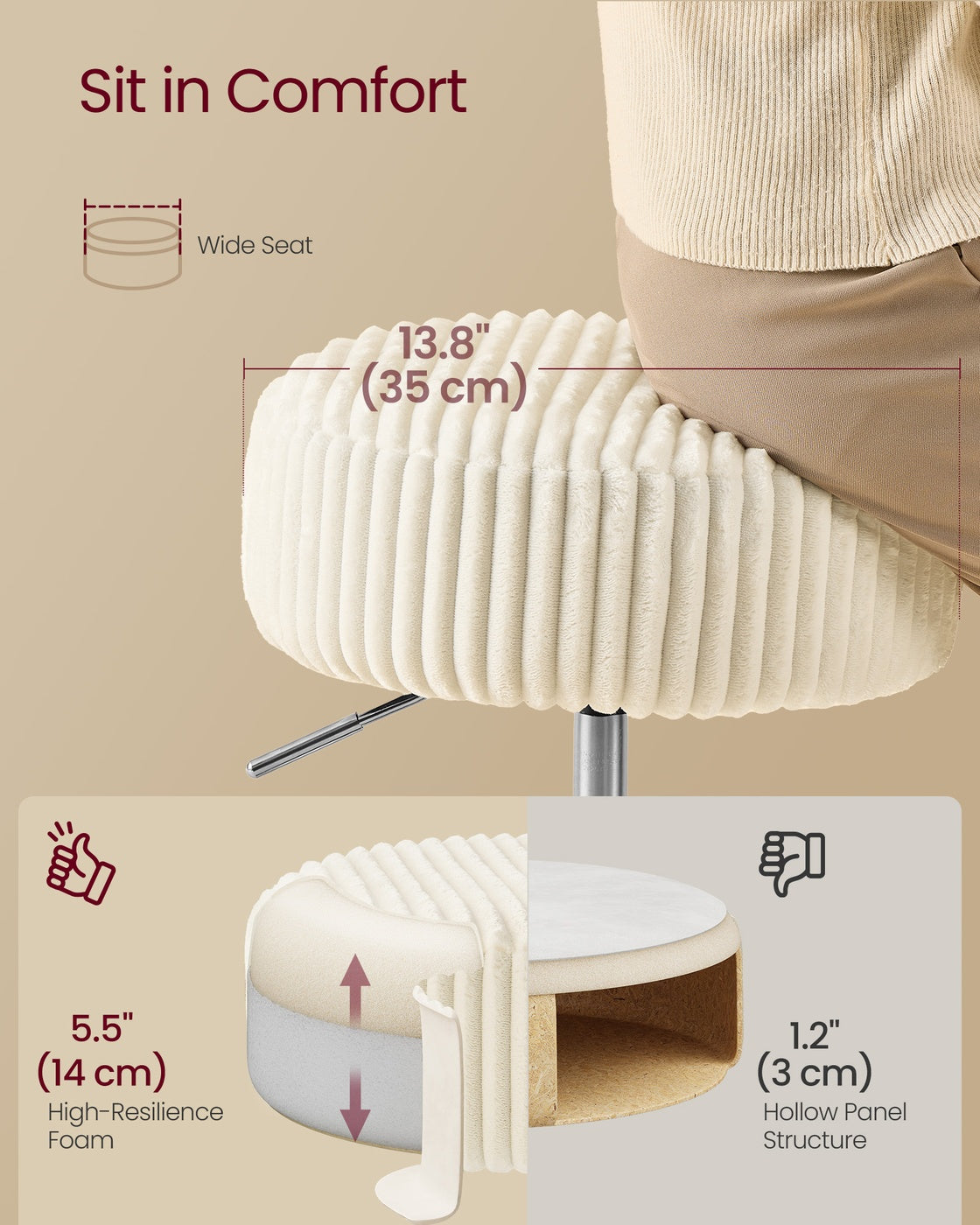 Vanity Stool - Upholstered - Warm White - 15.2Dia. x