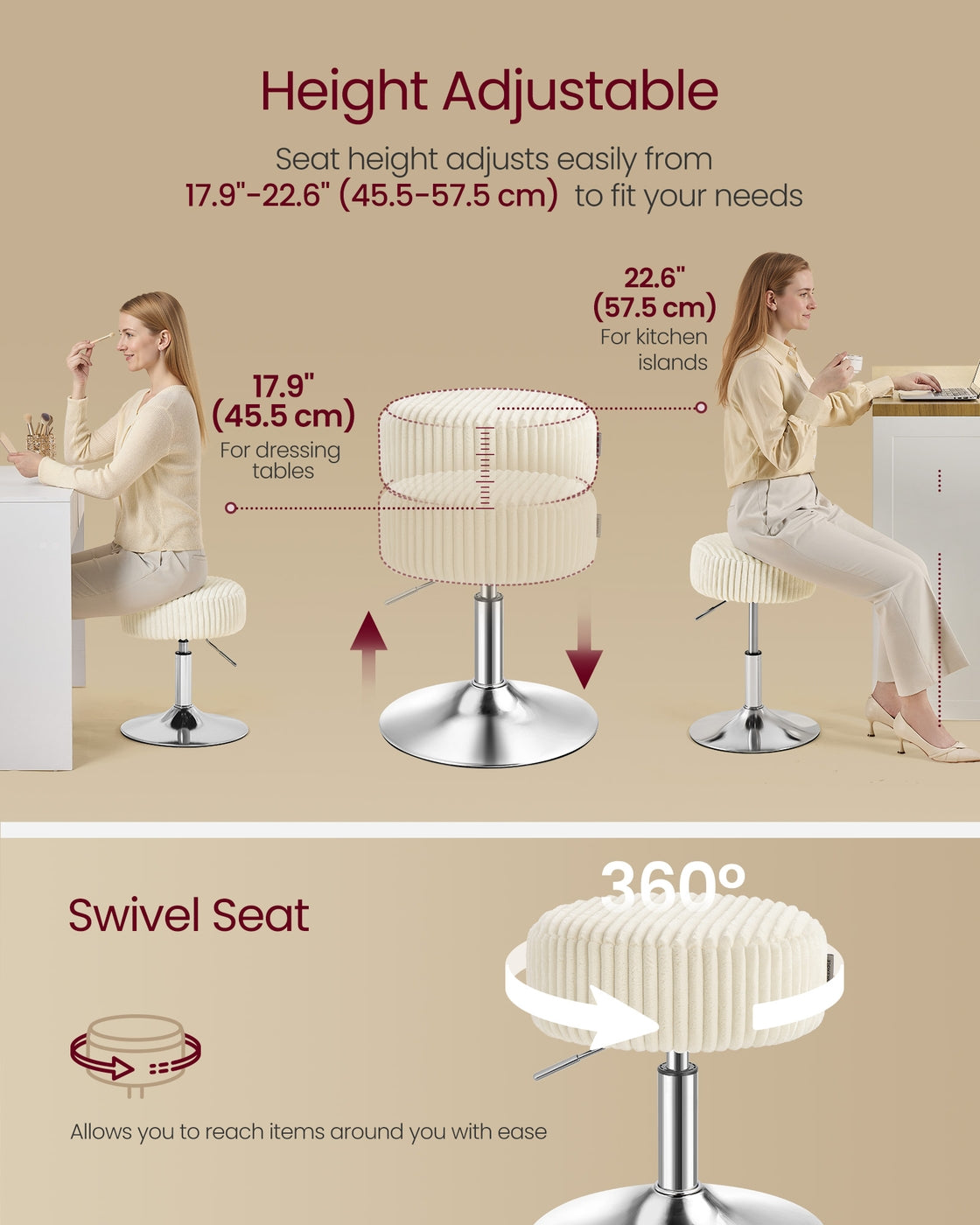 Vanity Stool - Upholstered - Warm White - 15.2Dia. x