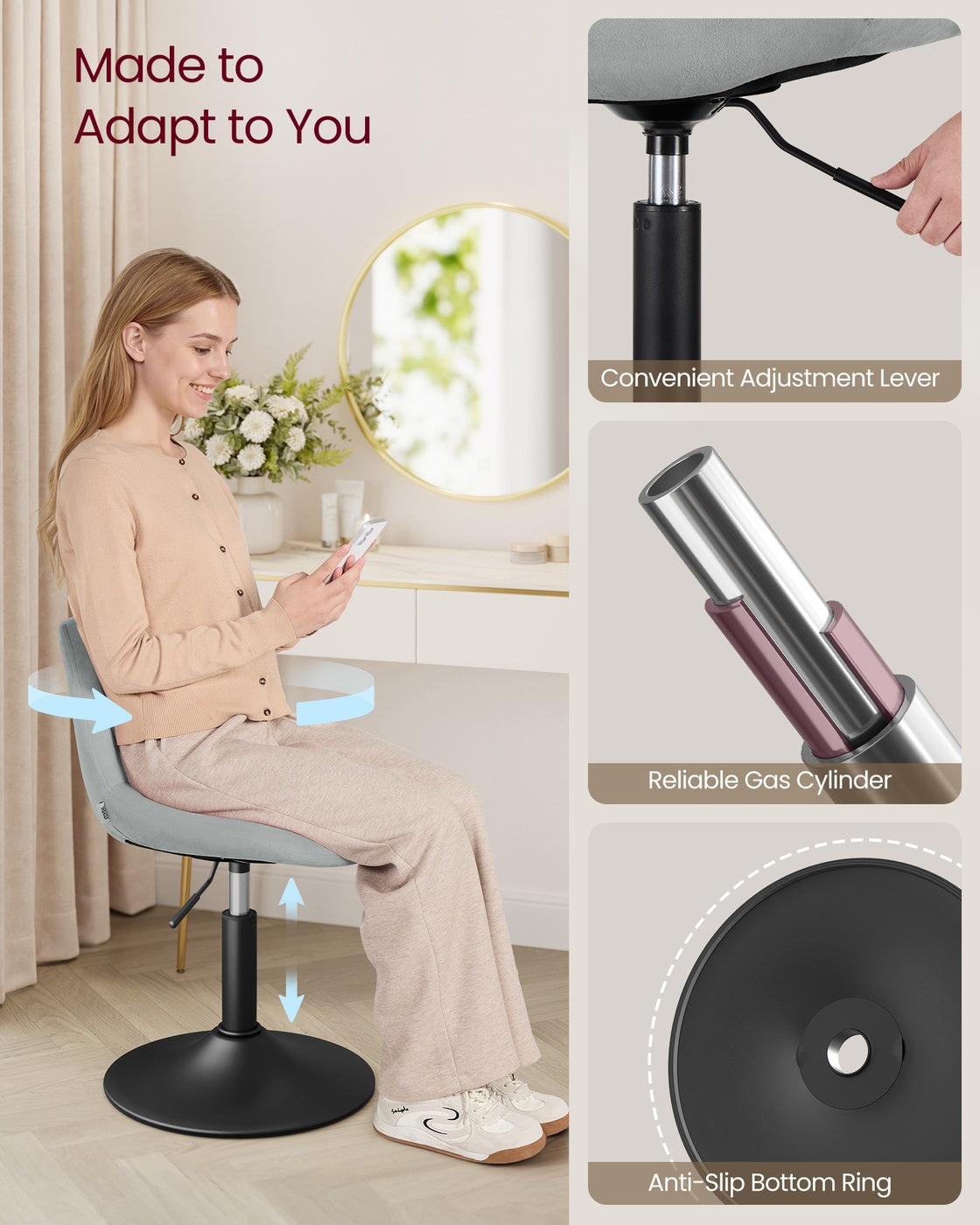 Dressing Table Chair - 360° Swivel - Steel - Adjustable Height