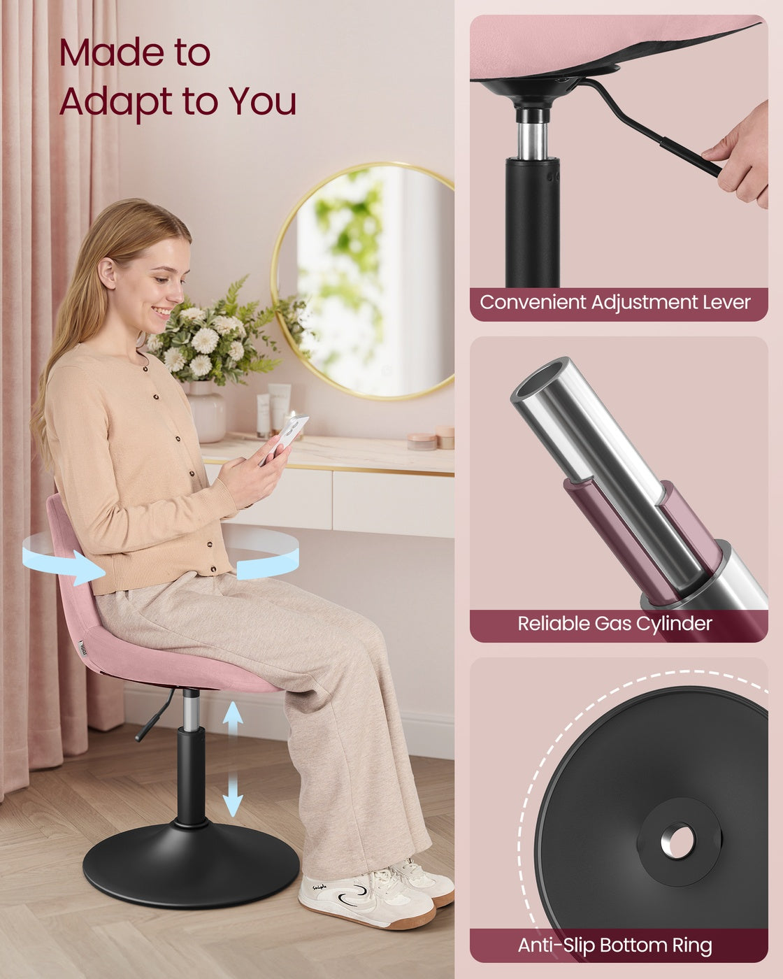 Dressing Table Chair - 360° Swivel - Velvet - Adjustable Height