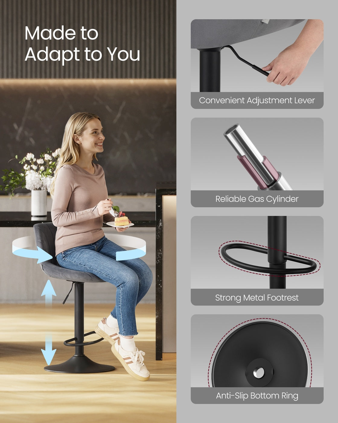 Adjustable Swivel Bar Stools - 2 Chairs - Steel - Backrests