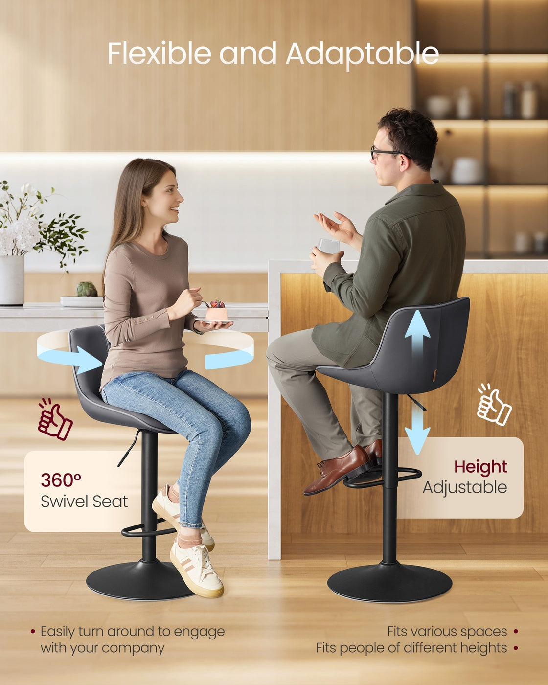 Height Adjustable Swivel Bar Stools - Synthetic Leather - Quilt
