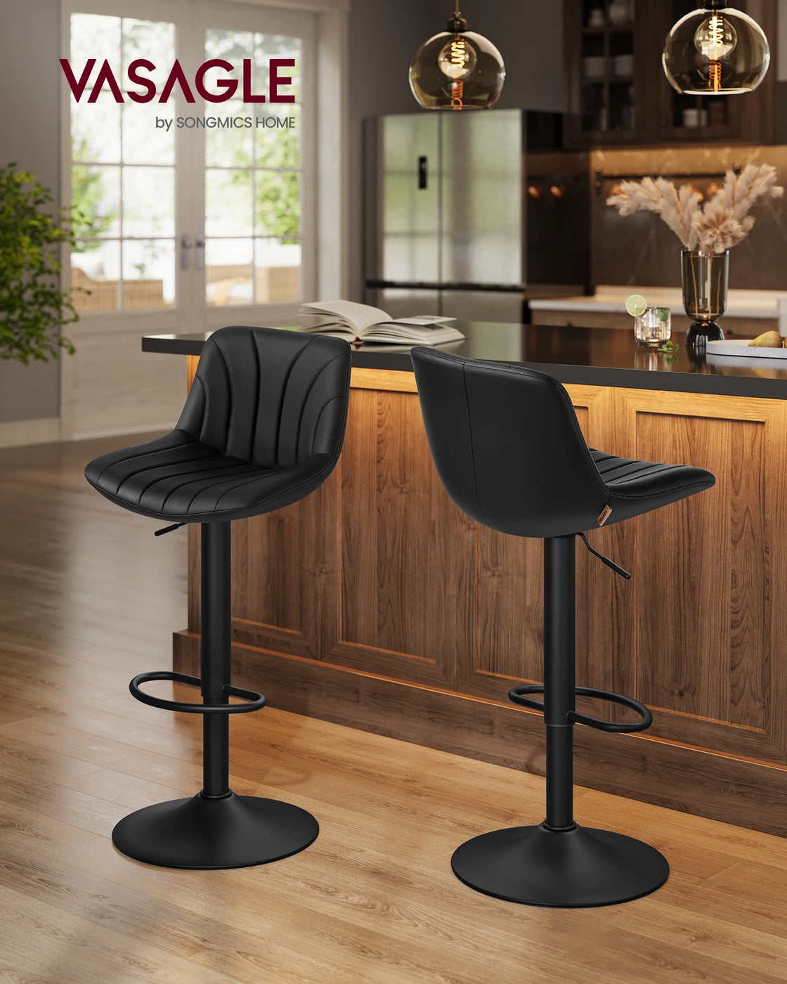 Adjustable Swivel Bar Stools - 2-Piece Set - PU Leather - Backrest
