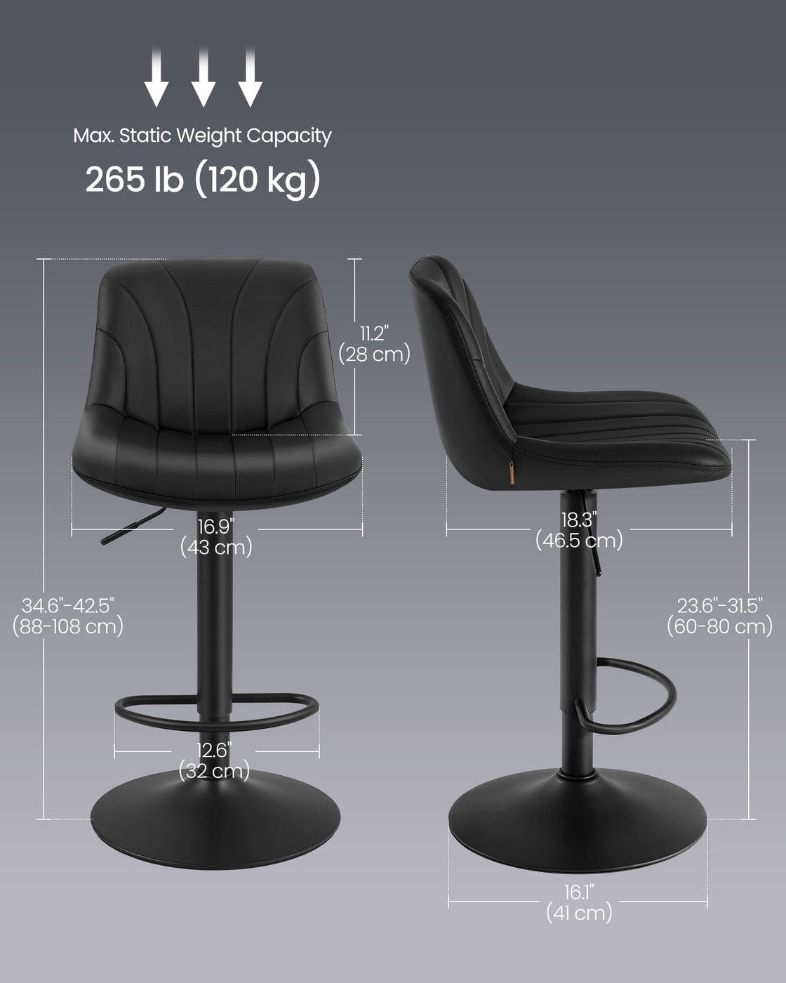 Adjustable Swivel Bar Stools - 2-Piece Set - PU Leather - Backrest