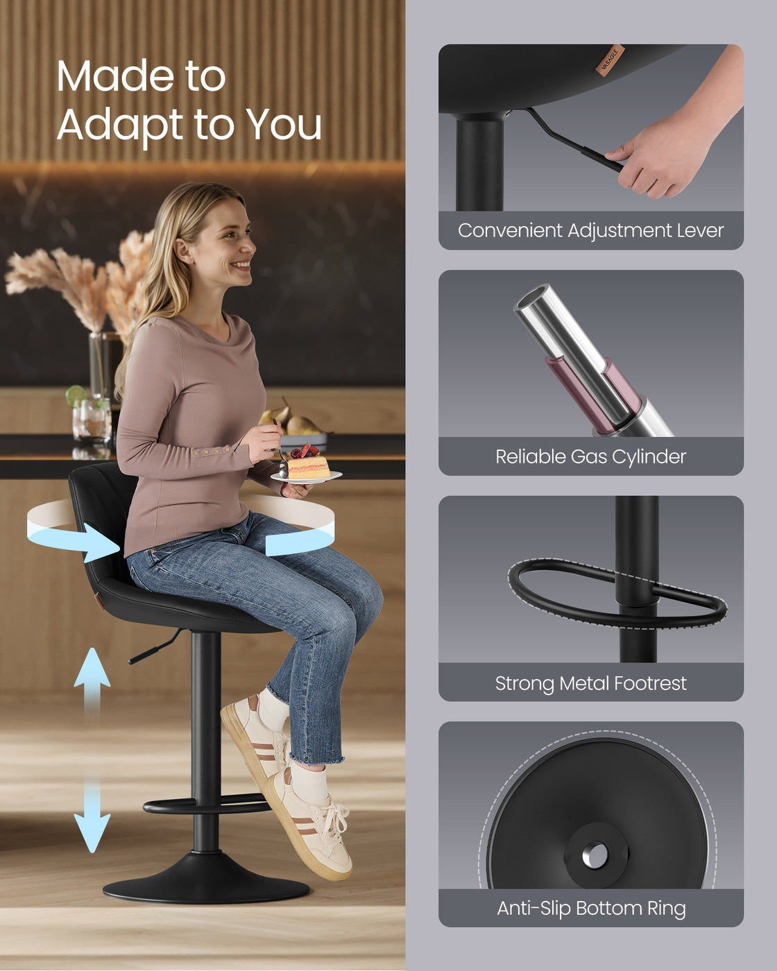 Adjustable Swivel Bar Stools - 2-Piece Set - PU Leather - Backrest