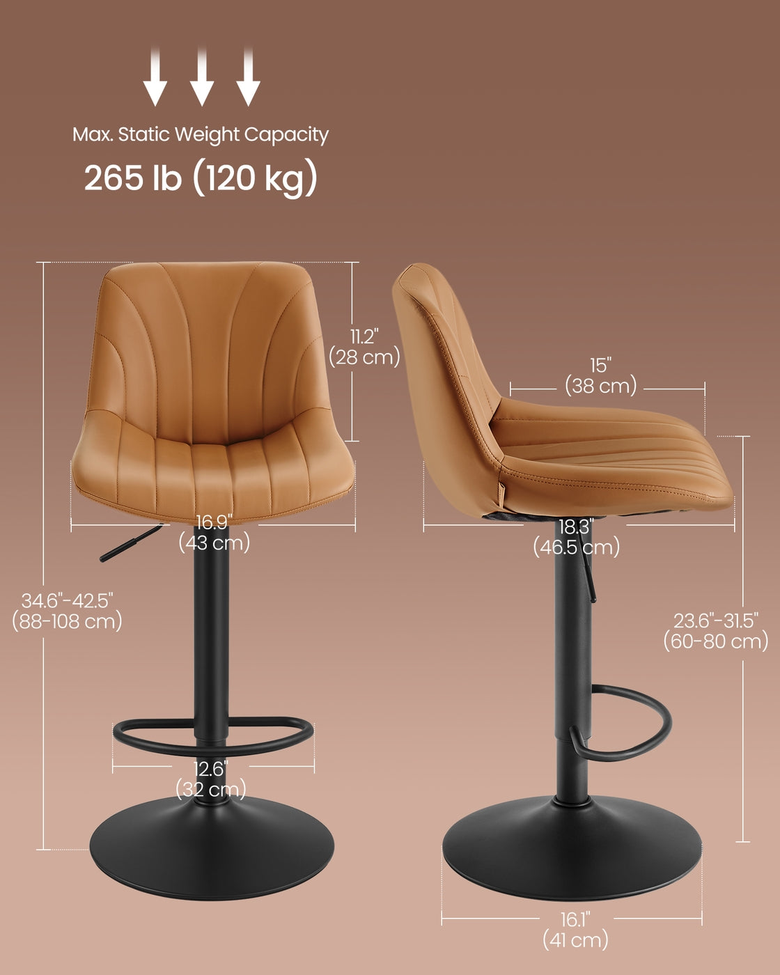 Adjustable Bar Stools Set of 2 - 16.9W - PU Leather - 360° Swivel