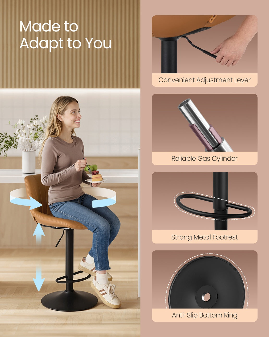 Adjustable Bar Stools Set of 2 - 16.9W - PU Leather - 360° Swivel