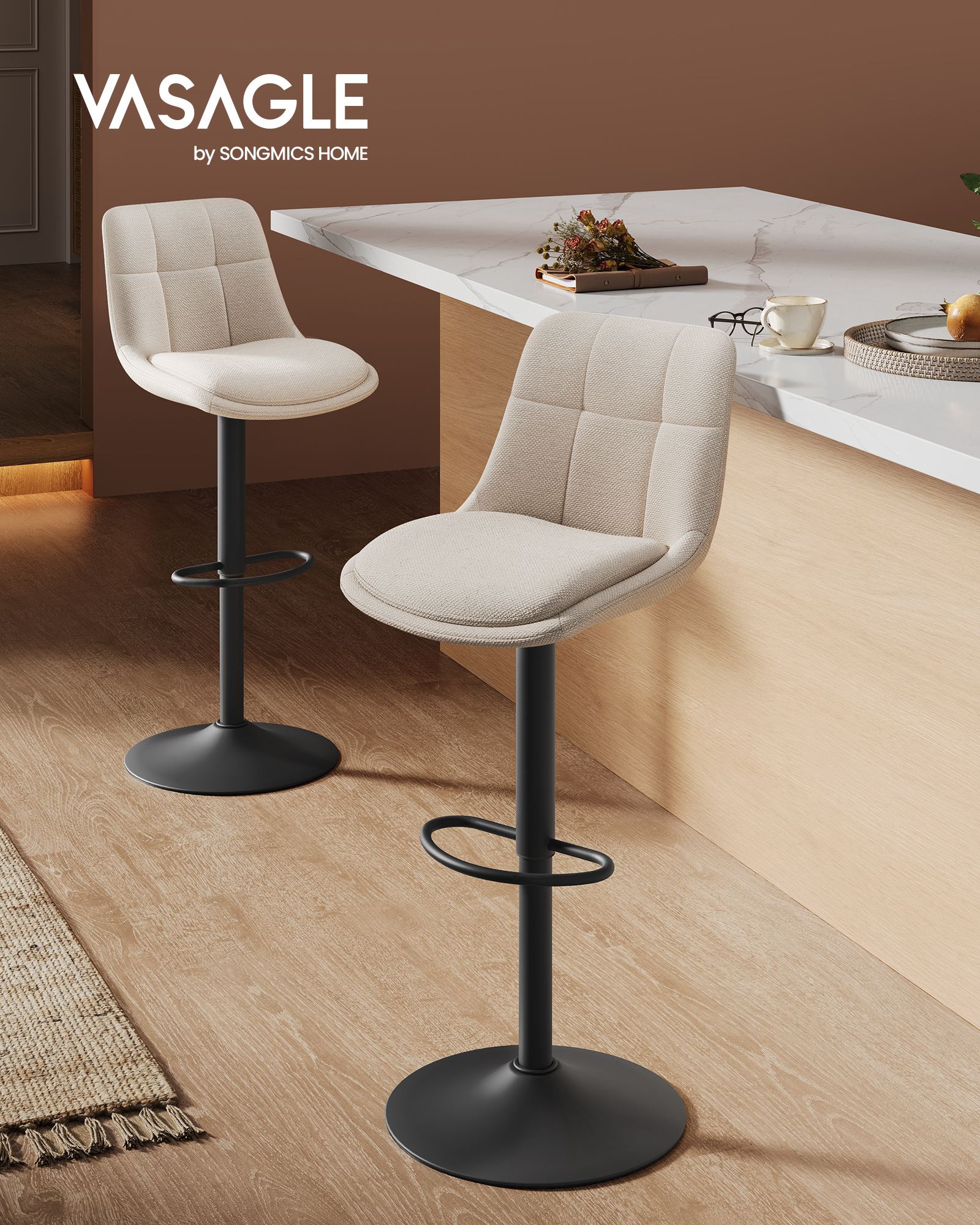 Bar Stools - Set with Backrest - Light Camel - 43 x 48.5 x (93.5-114) cm