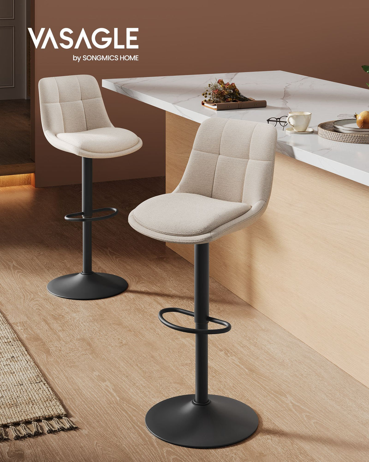 Bar Stools - Set with Backrest - Light Camel - 43 x 48.5 x (93.5-114) cm