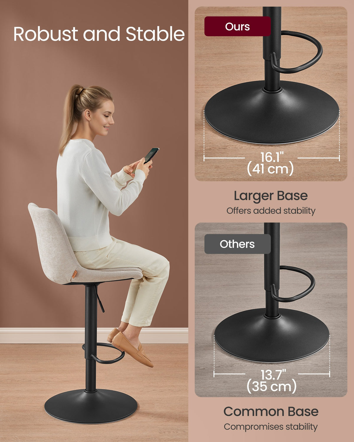 Bar Stools - Set with Backrest - Light Camel - 43 x 48.5 x (93.5-114) cm