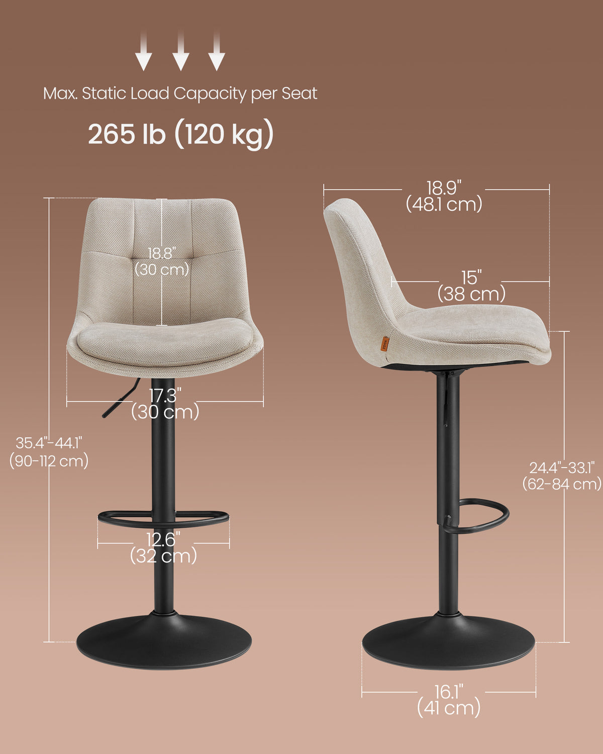 Bar Stools - Set with Backrest - Light Camel - 43 x 48.5 x (93.5-114) cm