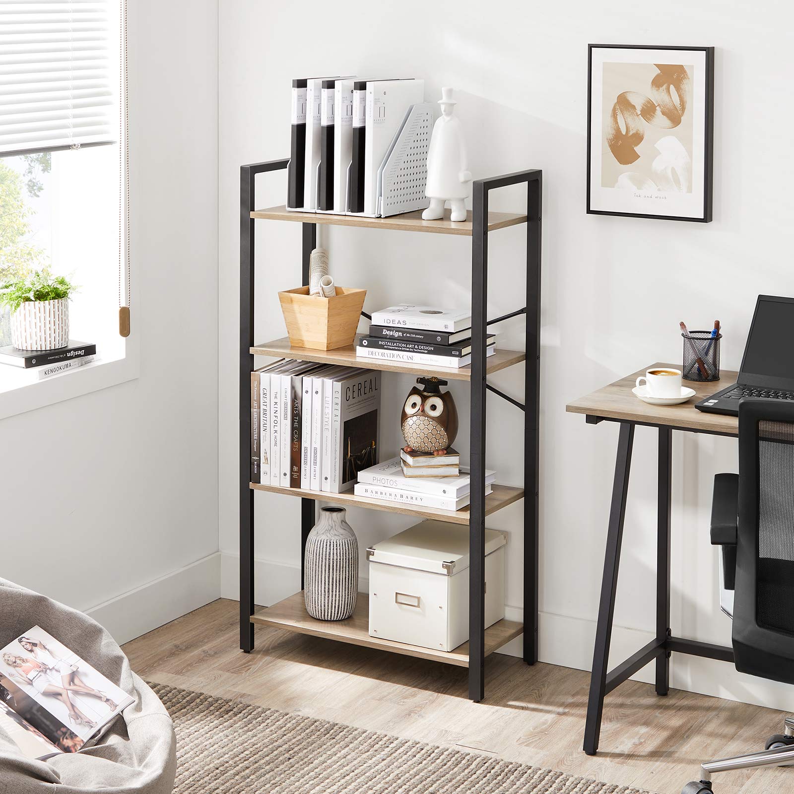4-Tier Bookshelf - Iron Frame - Greige and Black
