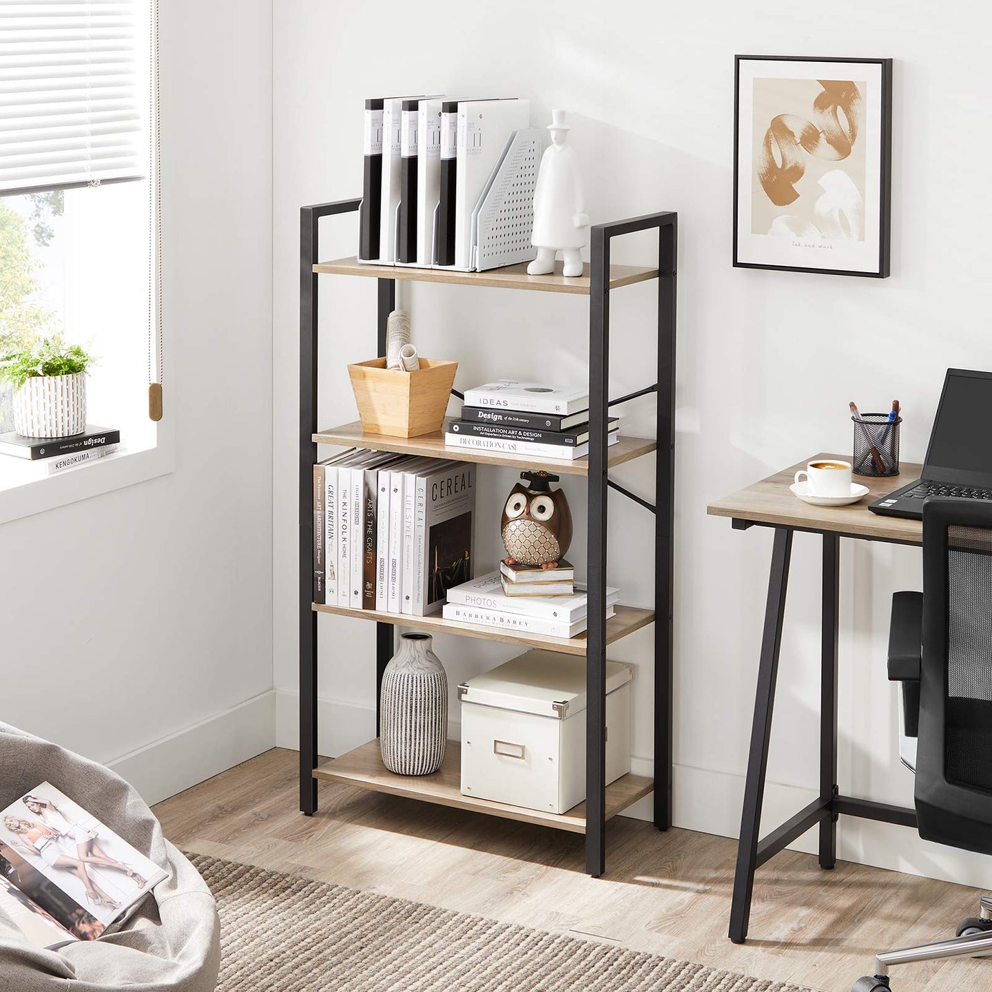 4-Tier Bookshelf - Iron Frame - Greige and Black