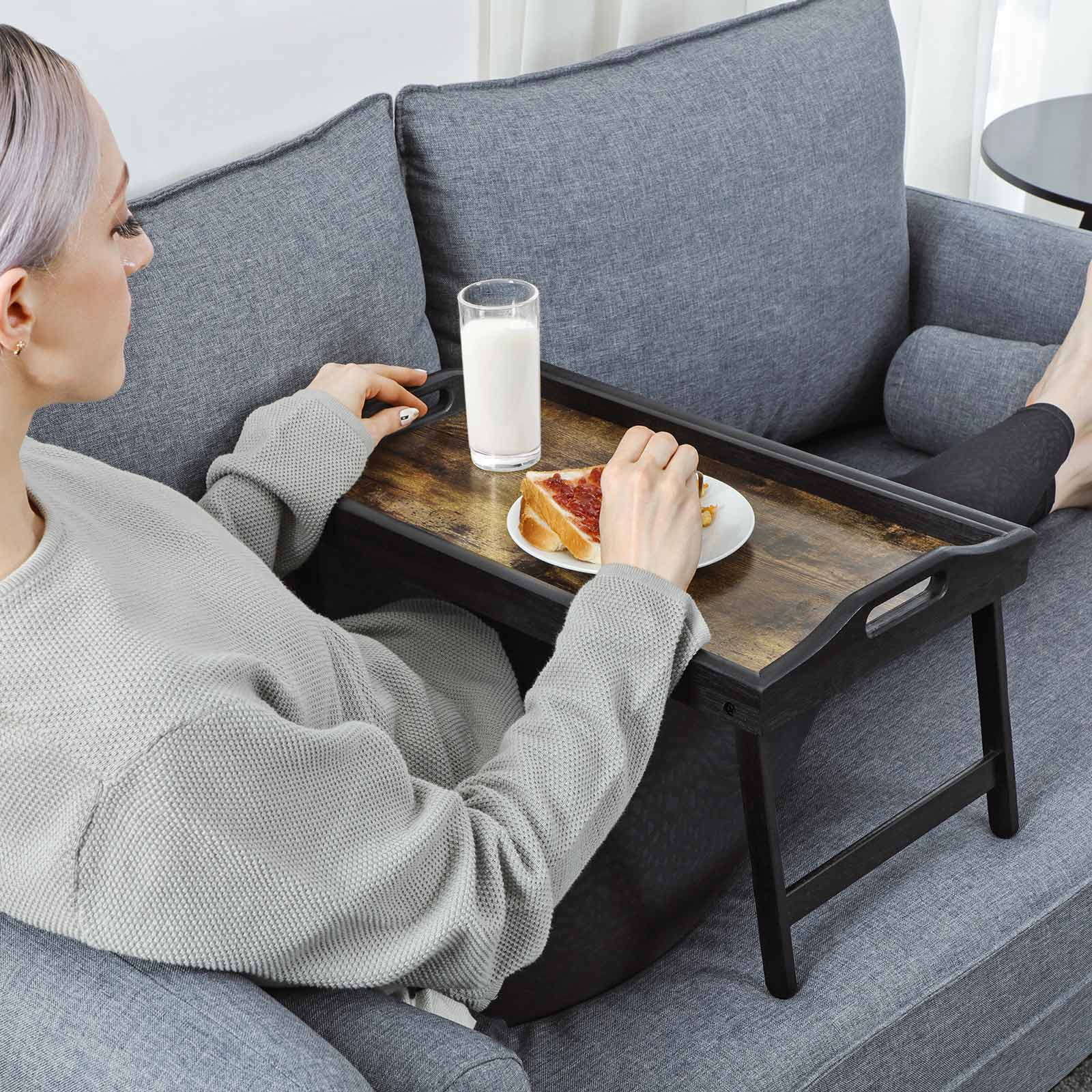 Breakfast Tray Table - Bamboo - Rustic Brown - Folding Legs with Phone and Tablet Groove
