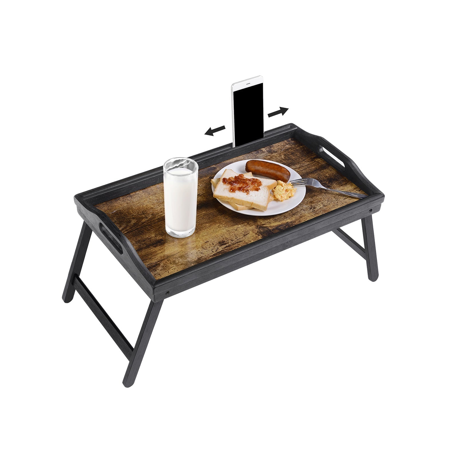 Breakfast Tray Table - Bamboo - Rustic Brown - Folding Legs with Phone and Tablet Groove