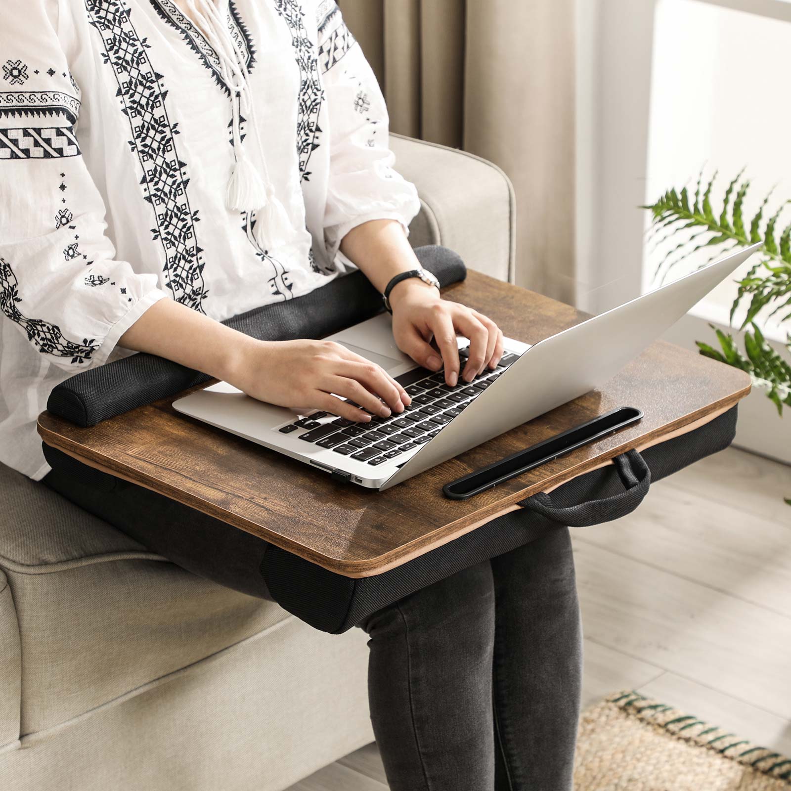 Lap Desk - Wood - Rustic Brown - With Handle and Cushion
