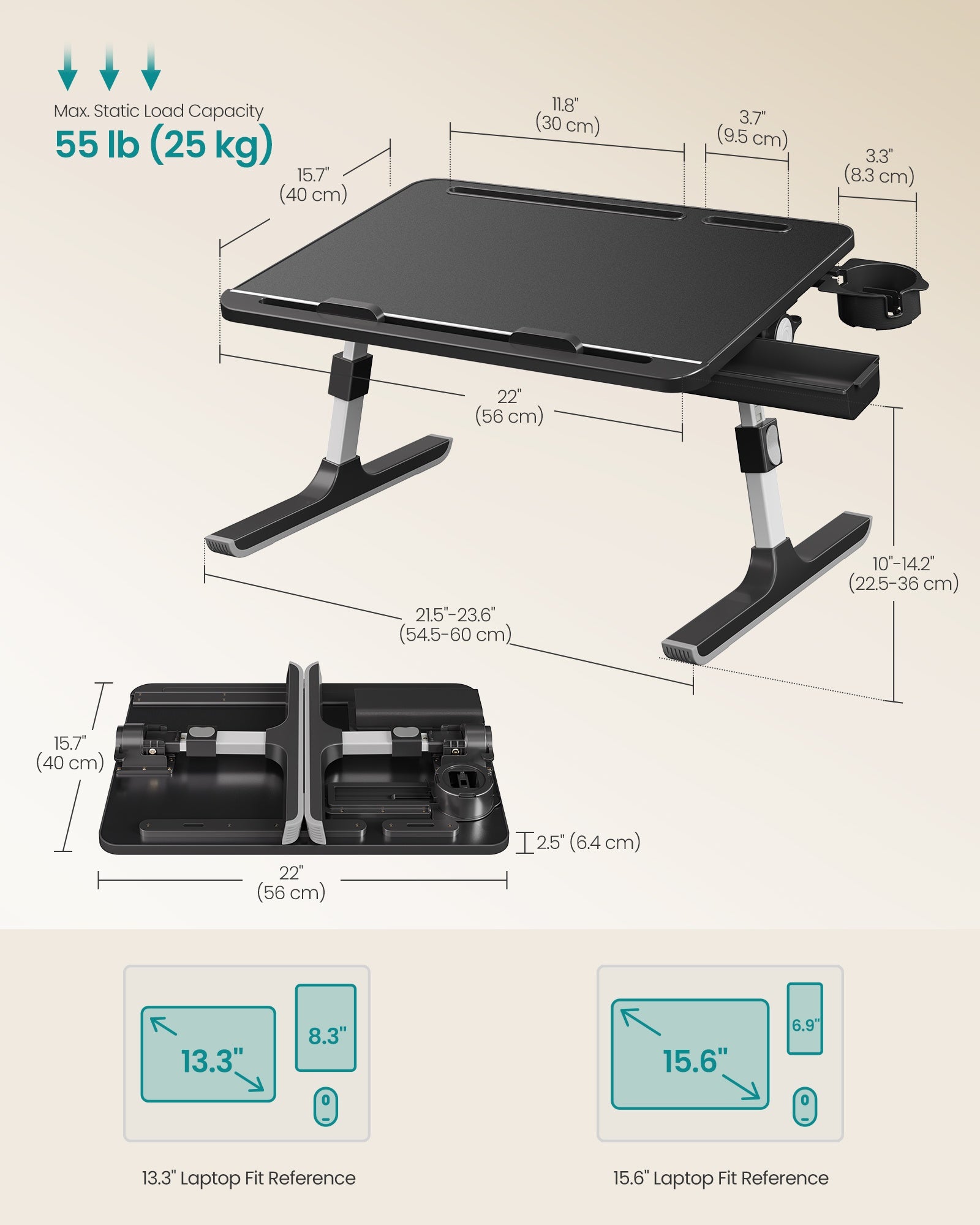 Desk - With Drawers and Storage - Black - 40 x 56 x 25.5-36 cm