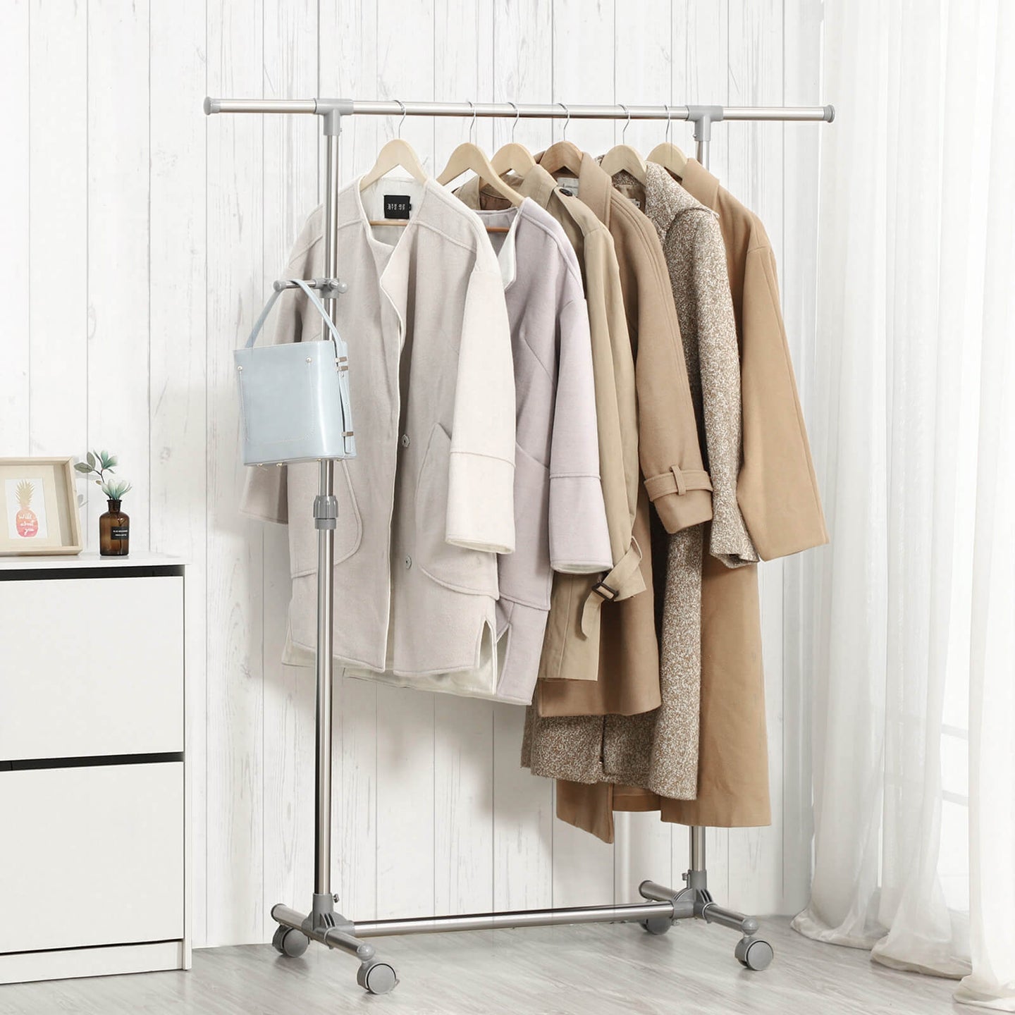 Adjustable Garment Rack - Stainless Steel - Grey - With Wheels and Additional Coat Hooks