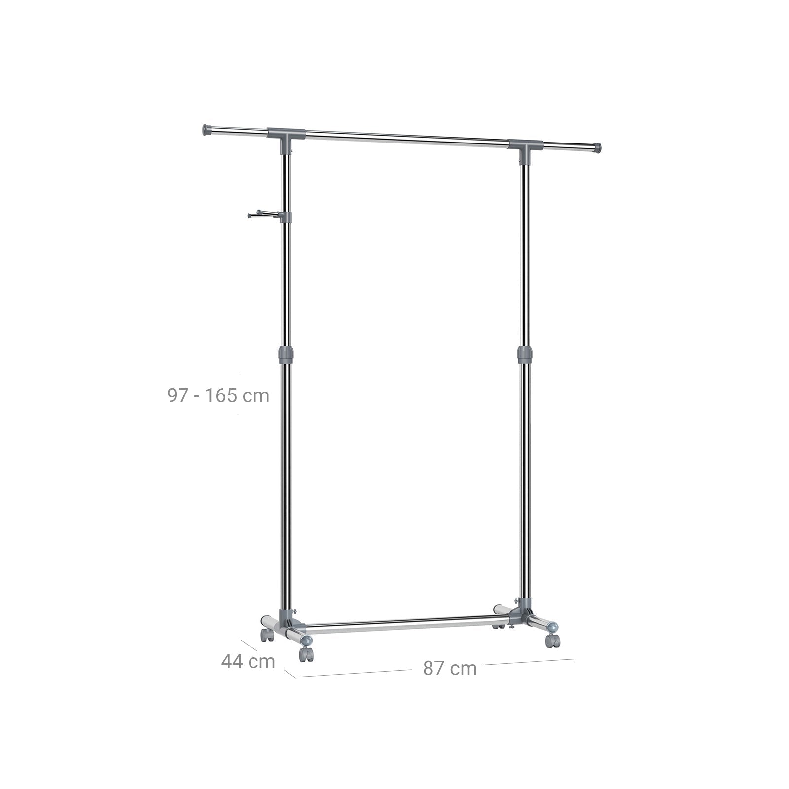 Adjustable Garment Rack - Stainless Steel - Grey - With Wheels and Additional Coat Hooks