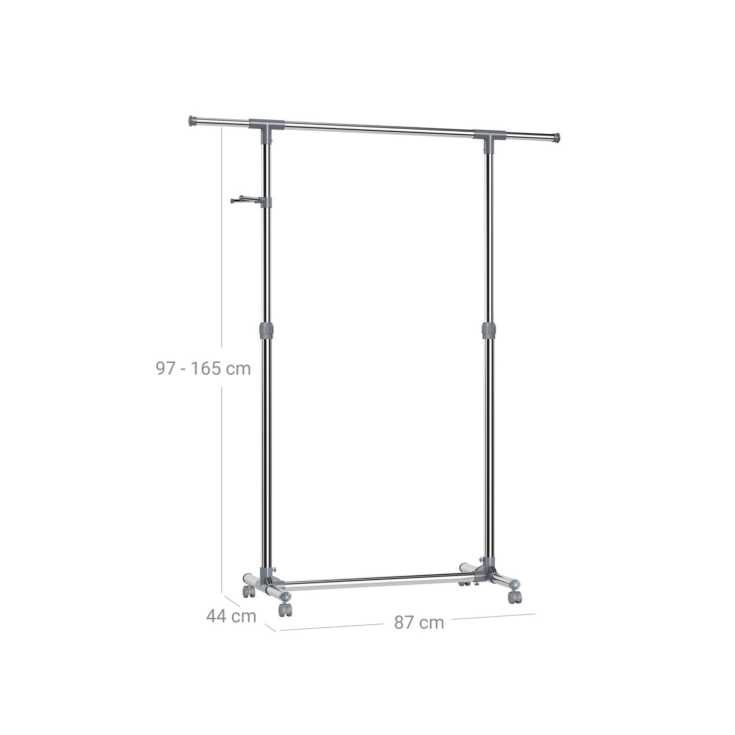 Adjustable Garment Rack - Stainless Steel - Grey - With Wheels and Additional Coat Hooks