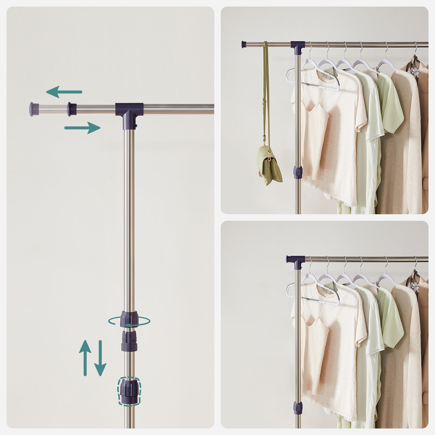 Adjustable Garment Rack - Stainless Steel - Grey - With Wheels and Additional Coat Hook