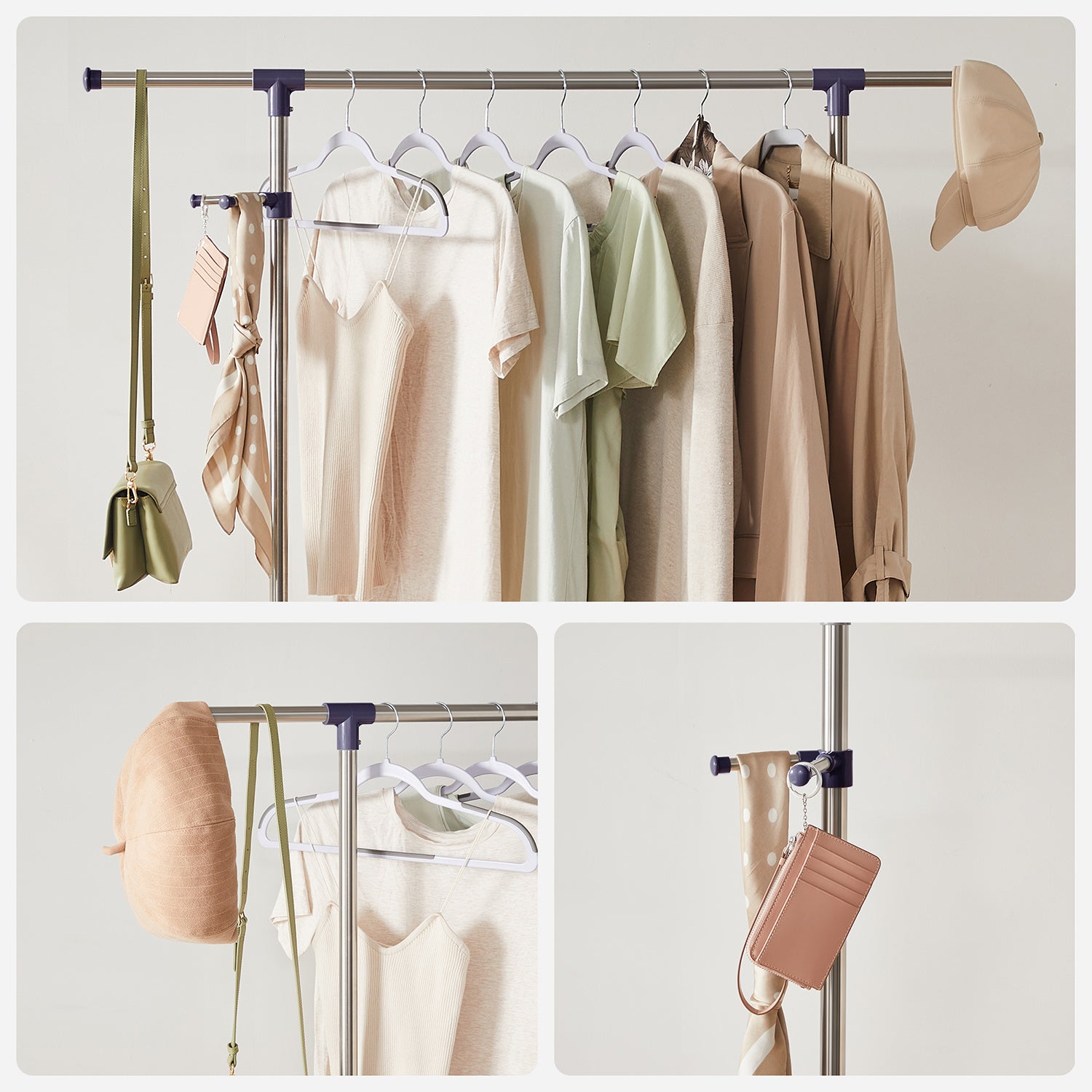 Adjustable Garment Rack - Stainless Steel - Grey - With Wheels and Additional Coat Hook