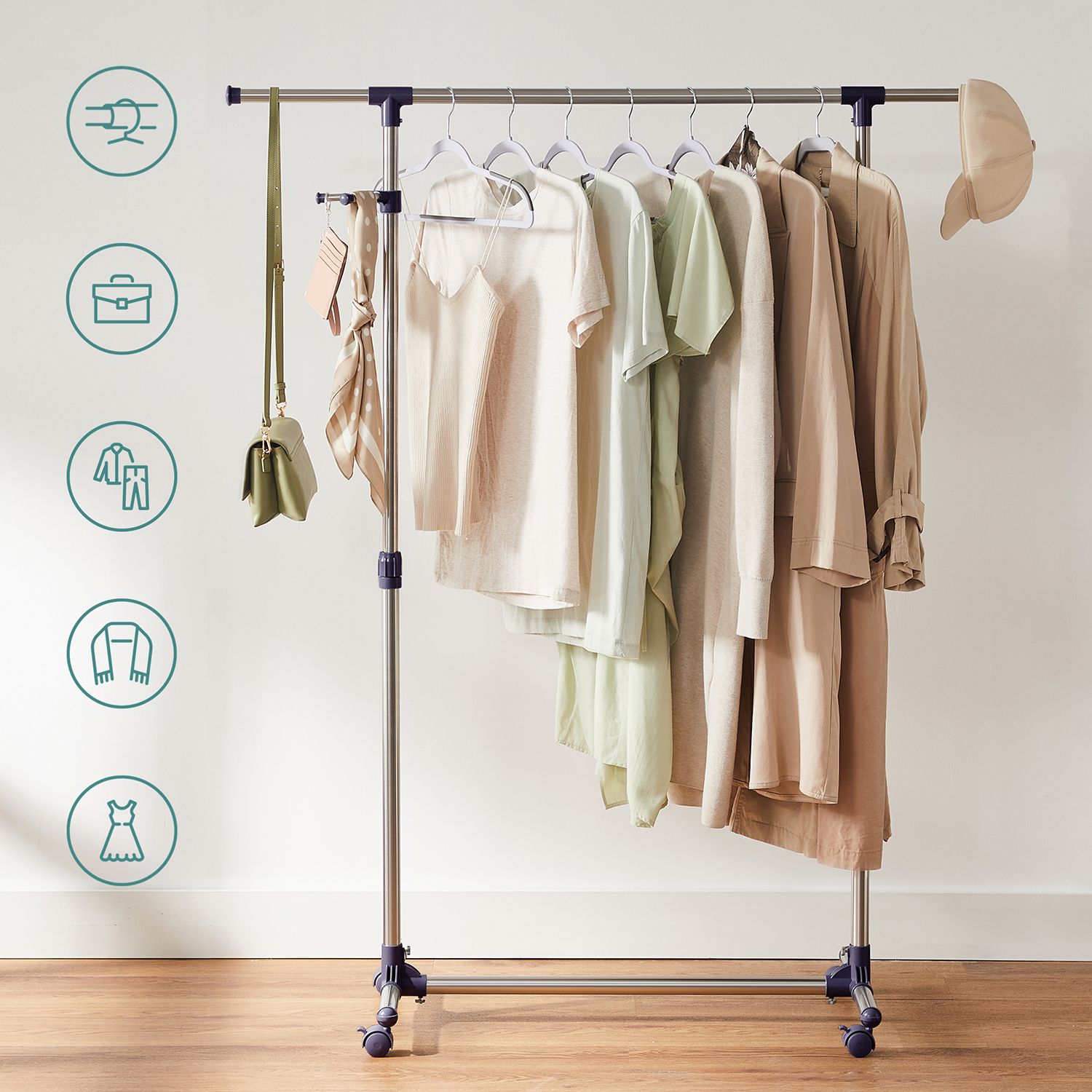 Adjustable Garment Rack - Stainless Steel - Grey - With Wheels and Additional Coat Hook