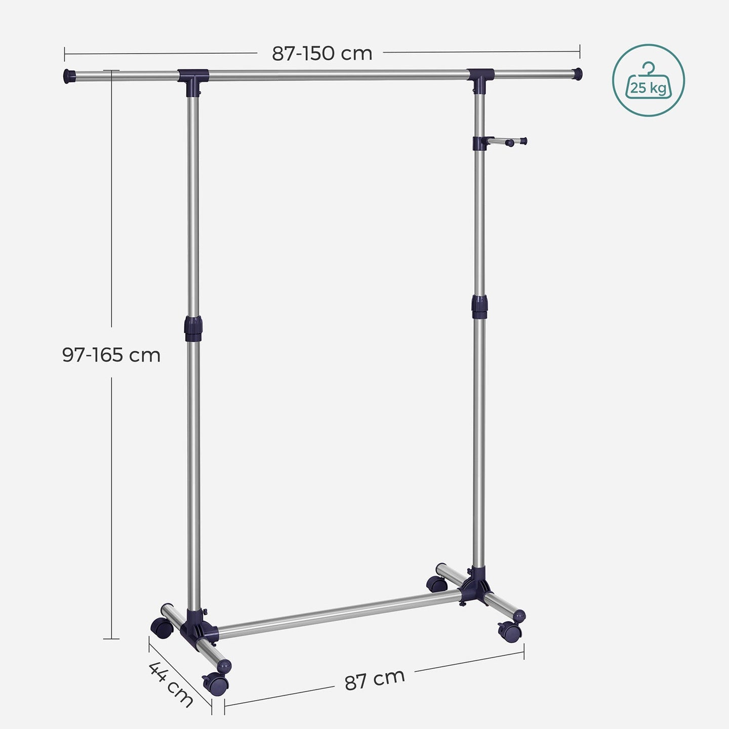 Adjustable Garment Rack - Stainless Steel - Grey - With Wheels and Additional Coat Hook