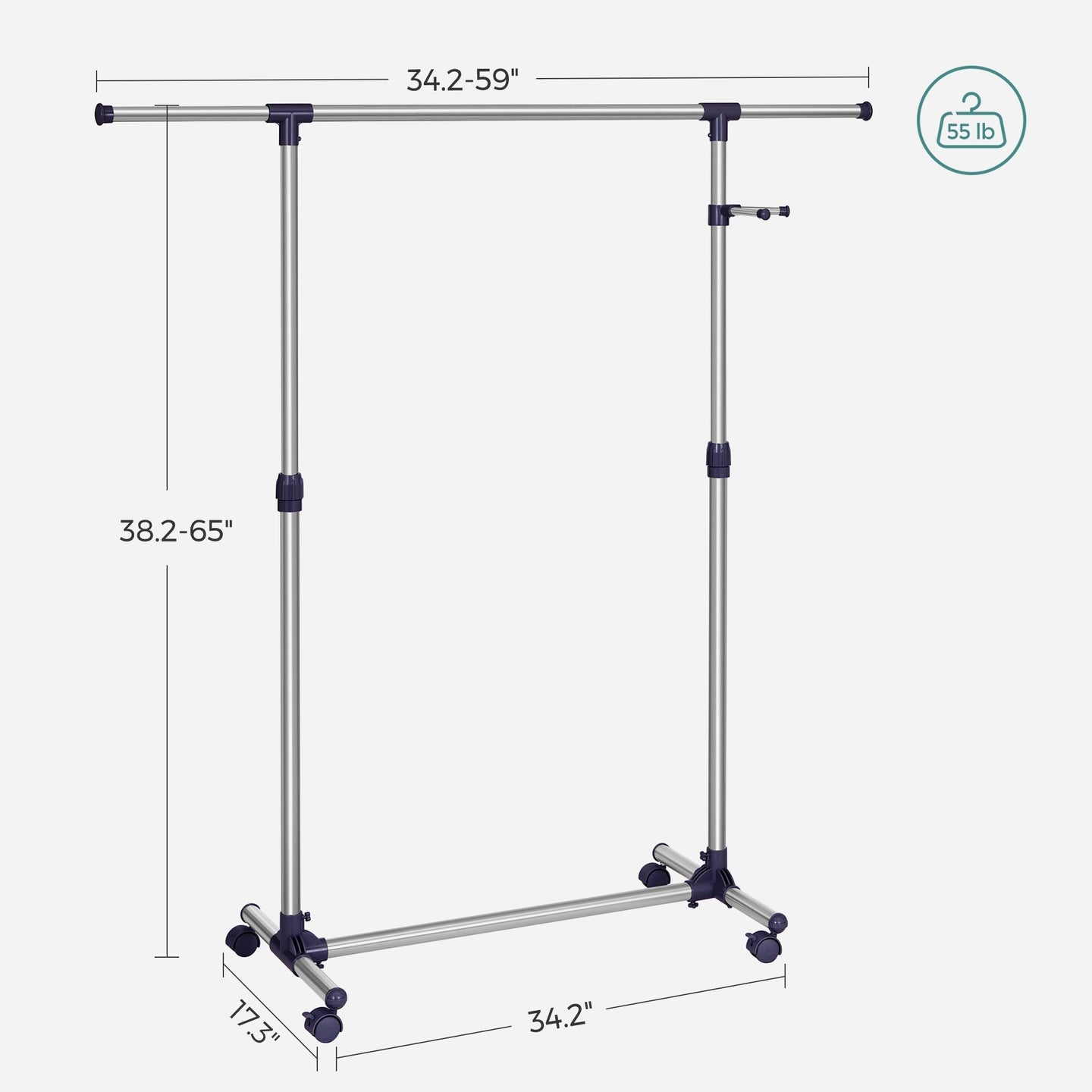 Adjustable Garment Rack - Stainless Steel - Grey - With Wheels and Additional Coat Hook