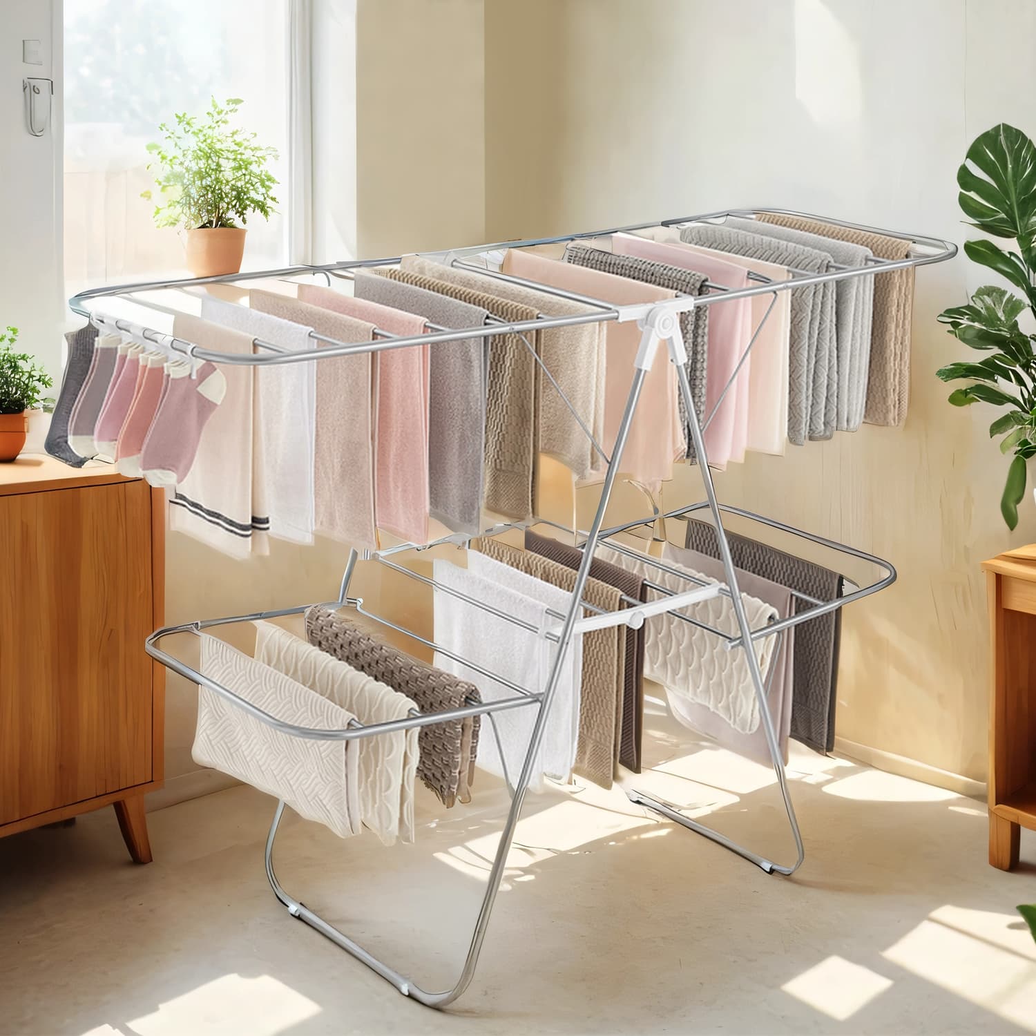 Clothes Drying Rack - Metal - Silver - Foldable with Height-Adjustable Wings