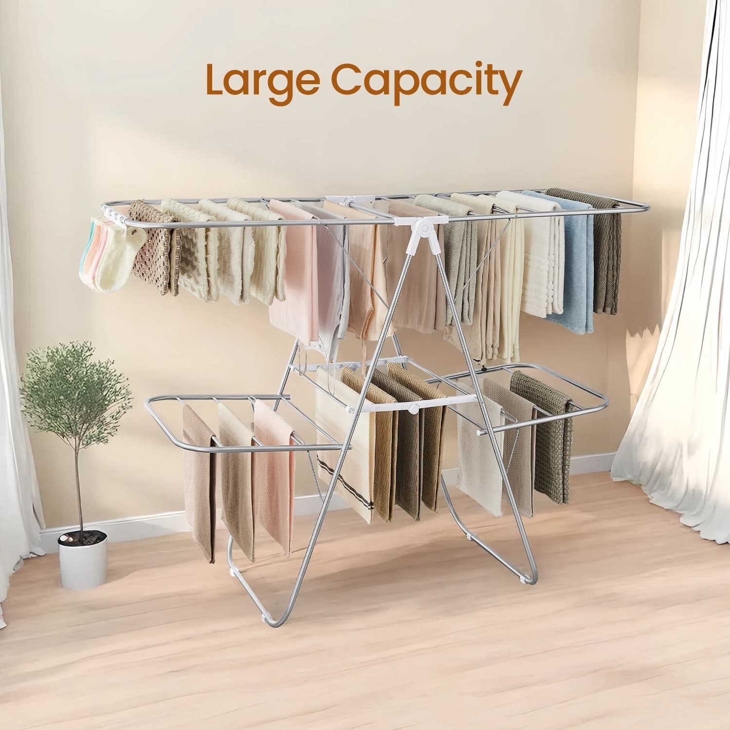 Clothes Drying Rack - Metal - Silver - Foldable with Height-Adjustable Wings