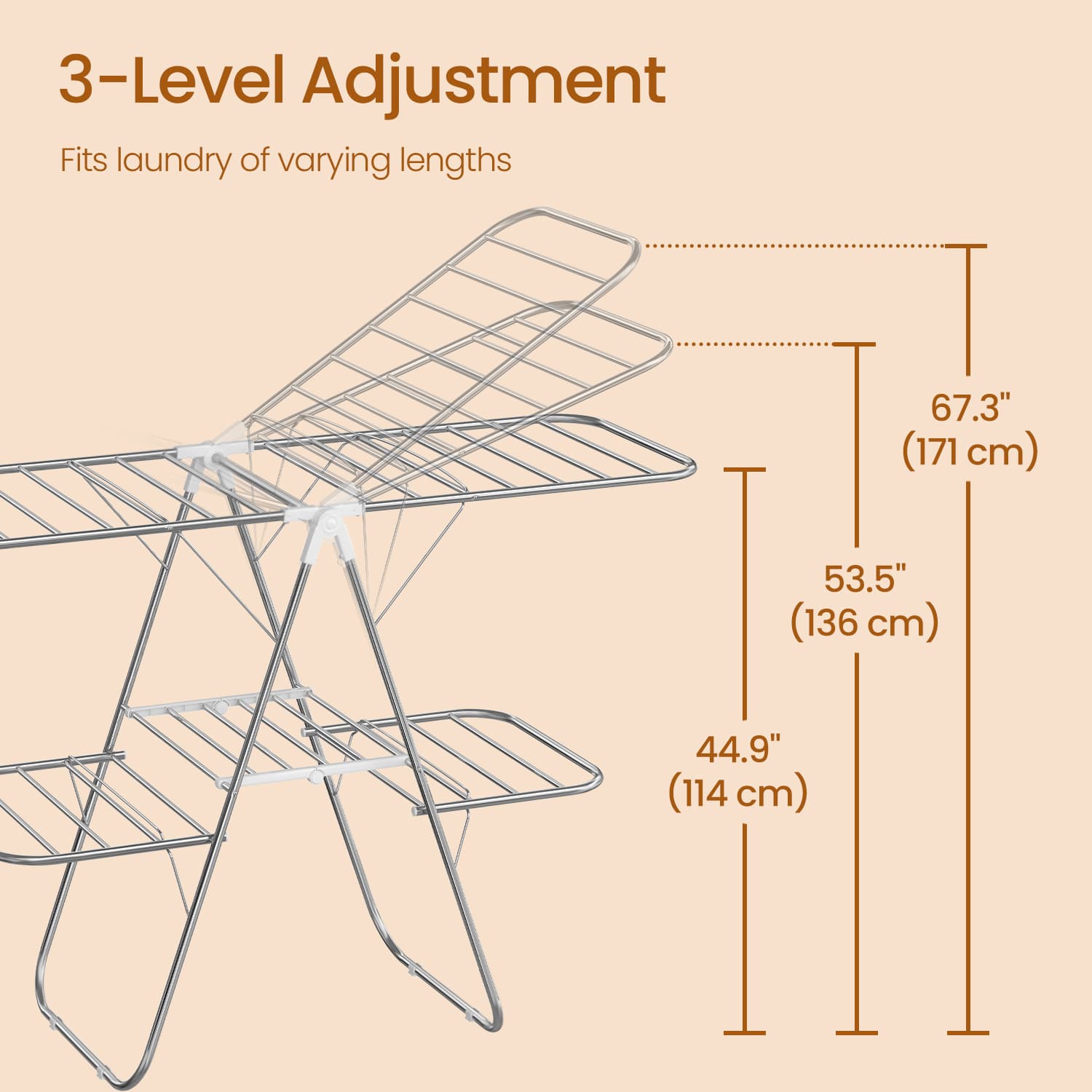 Clothes Drying Rack - Metal - Silver - Foldable with Height-Adjustable Wings