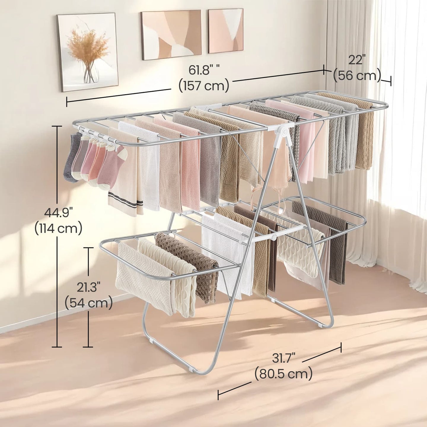Clothes Drying Rack - Metal - Silver - Foldable with Height-Adjustable Wings