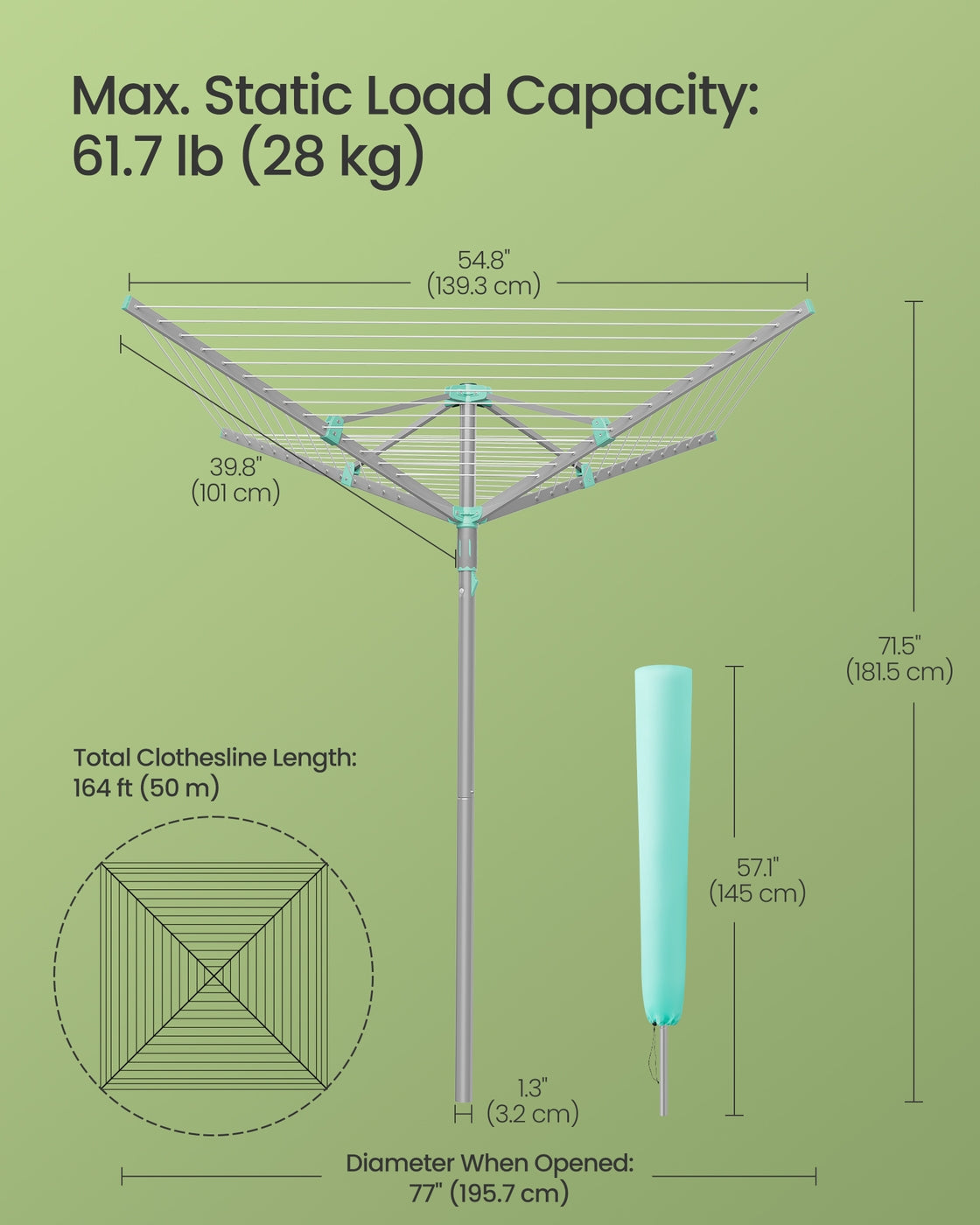 Rotary Washing Line - 50m - Steel - Foldable Design