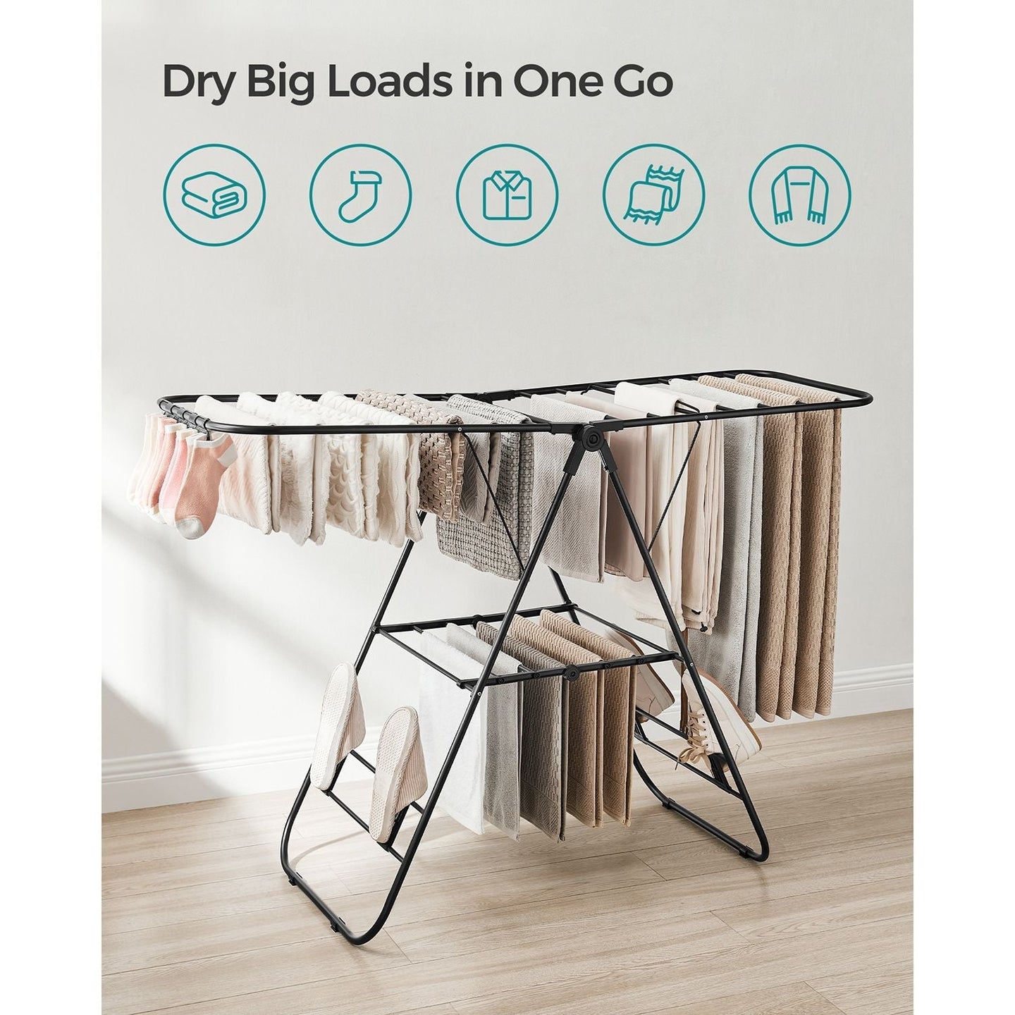 Foldable Clothes Airer - 16 Metre Drying Space - Stainless Steel - Black