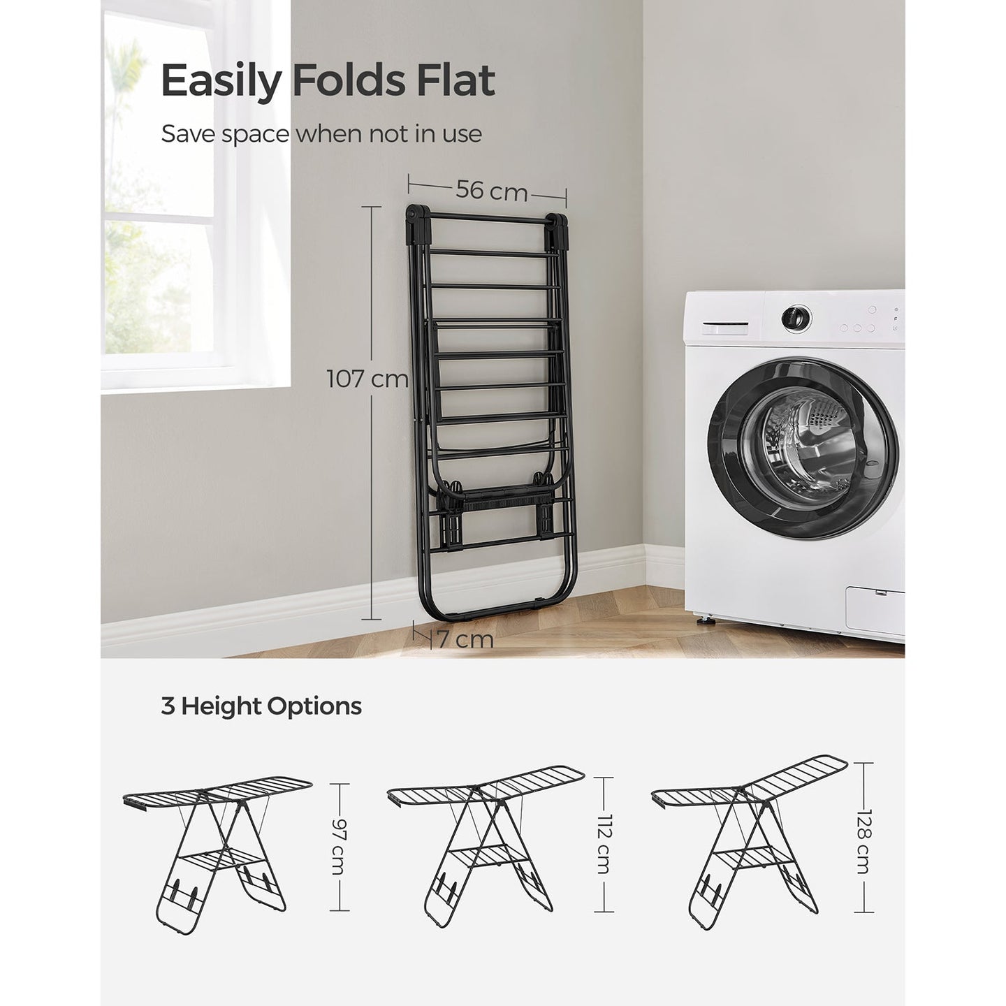 Foldable Clothes Airer - 16 Metre Drying Space - Stainless Steel - Black