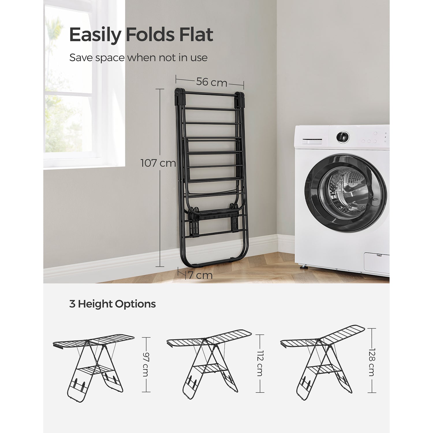 Foldable Clothes Airer - 16 Metre Drying Space - Stainless Steel - Black